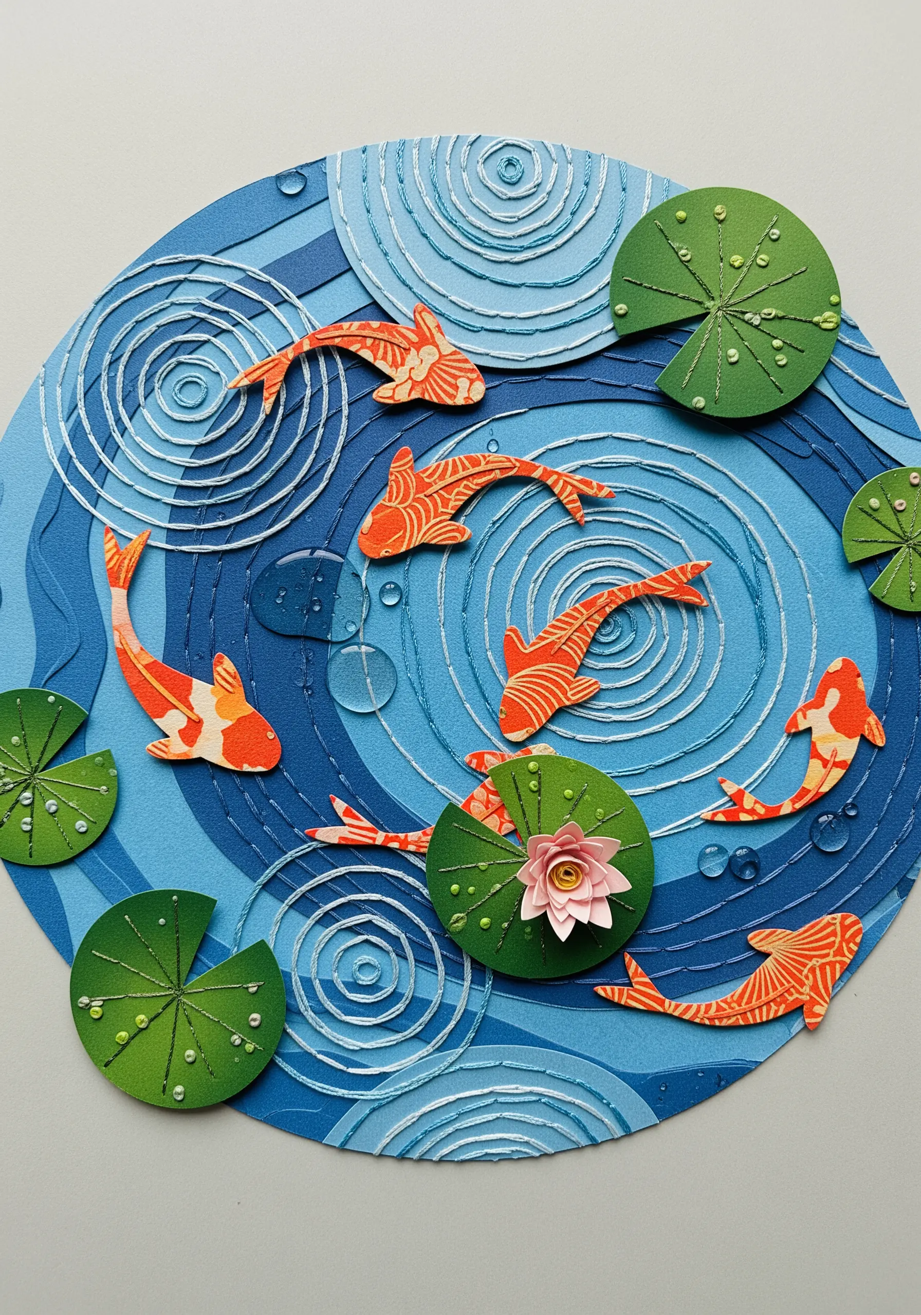 A paper collage of a koi pond with water ripples created from white concentric stitched circles.
