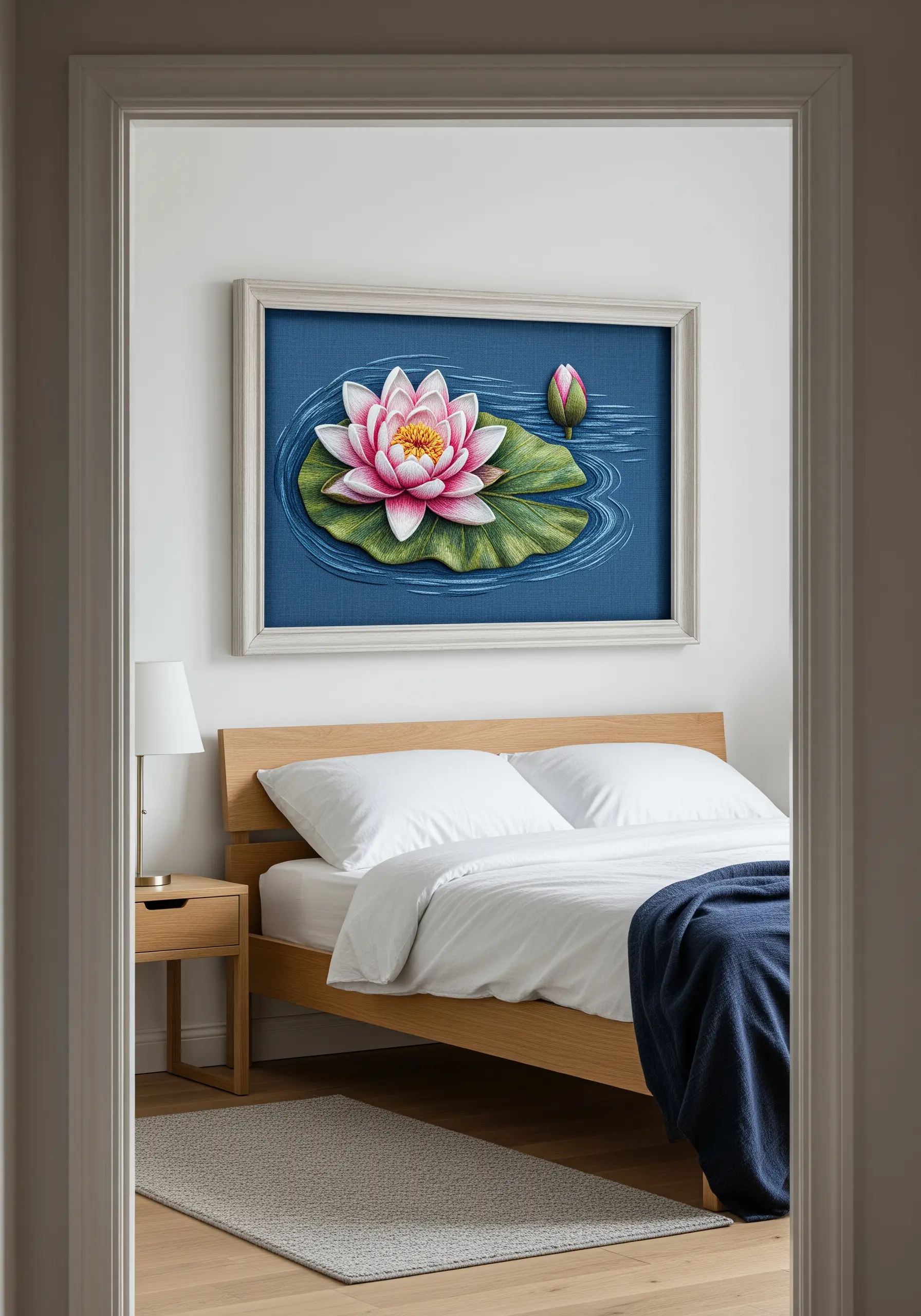 A framed embroidery of a pink water lily on a blue, textured background, hanging over a bed.