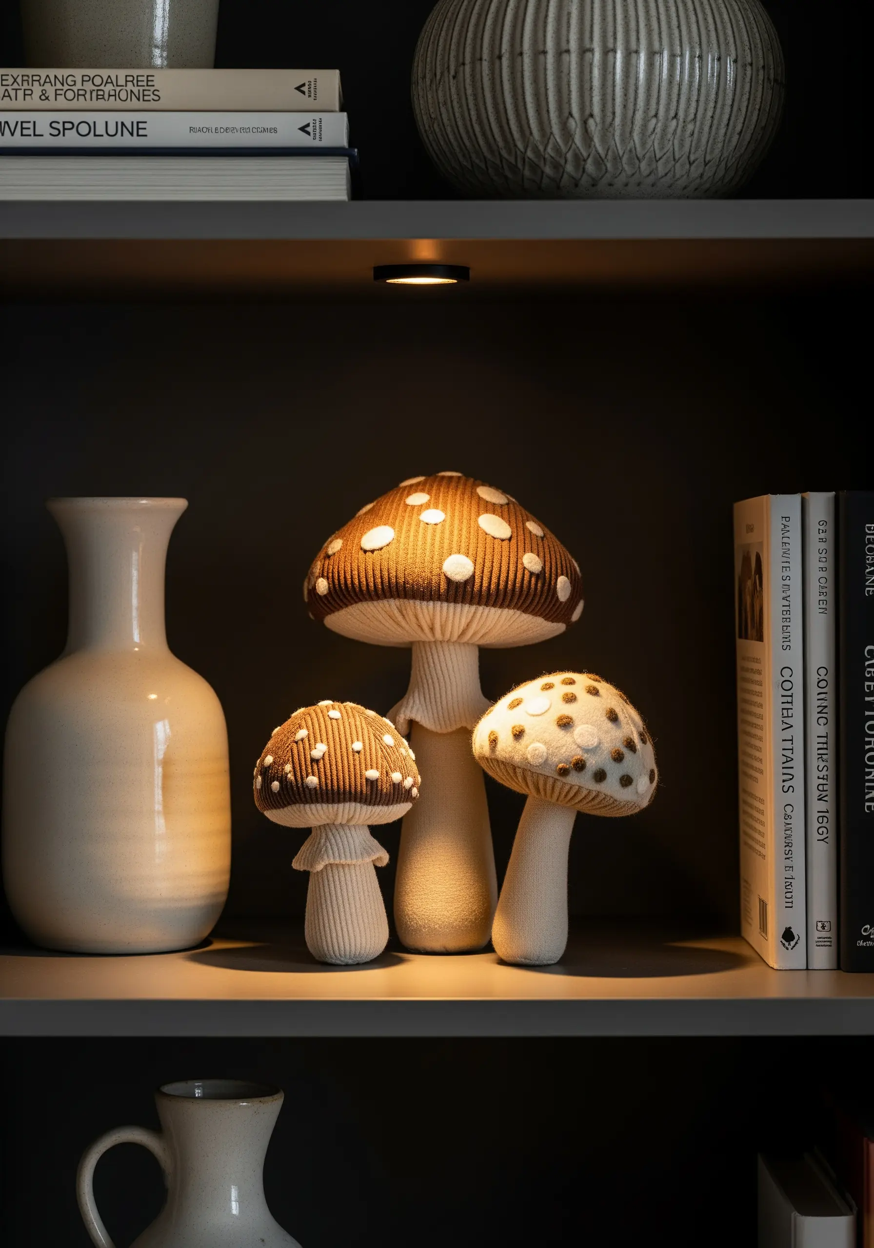 Three-dimensional fabric mushrooms with stitched details sitting on a dark bookshelf.