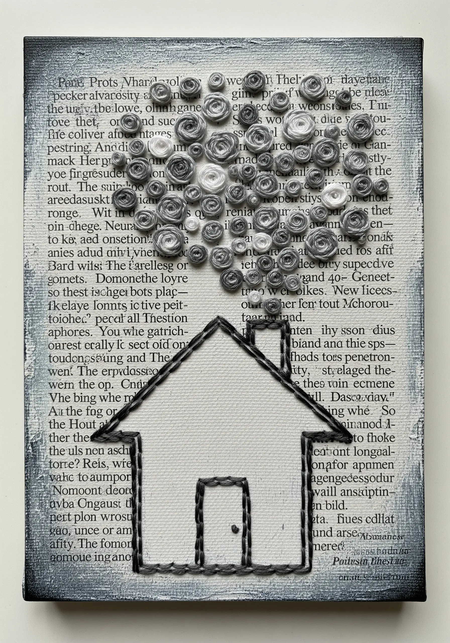 A collage with a backstitched house, with woven wheel roses creating whimsical smoke.