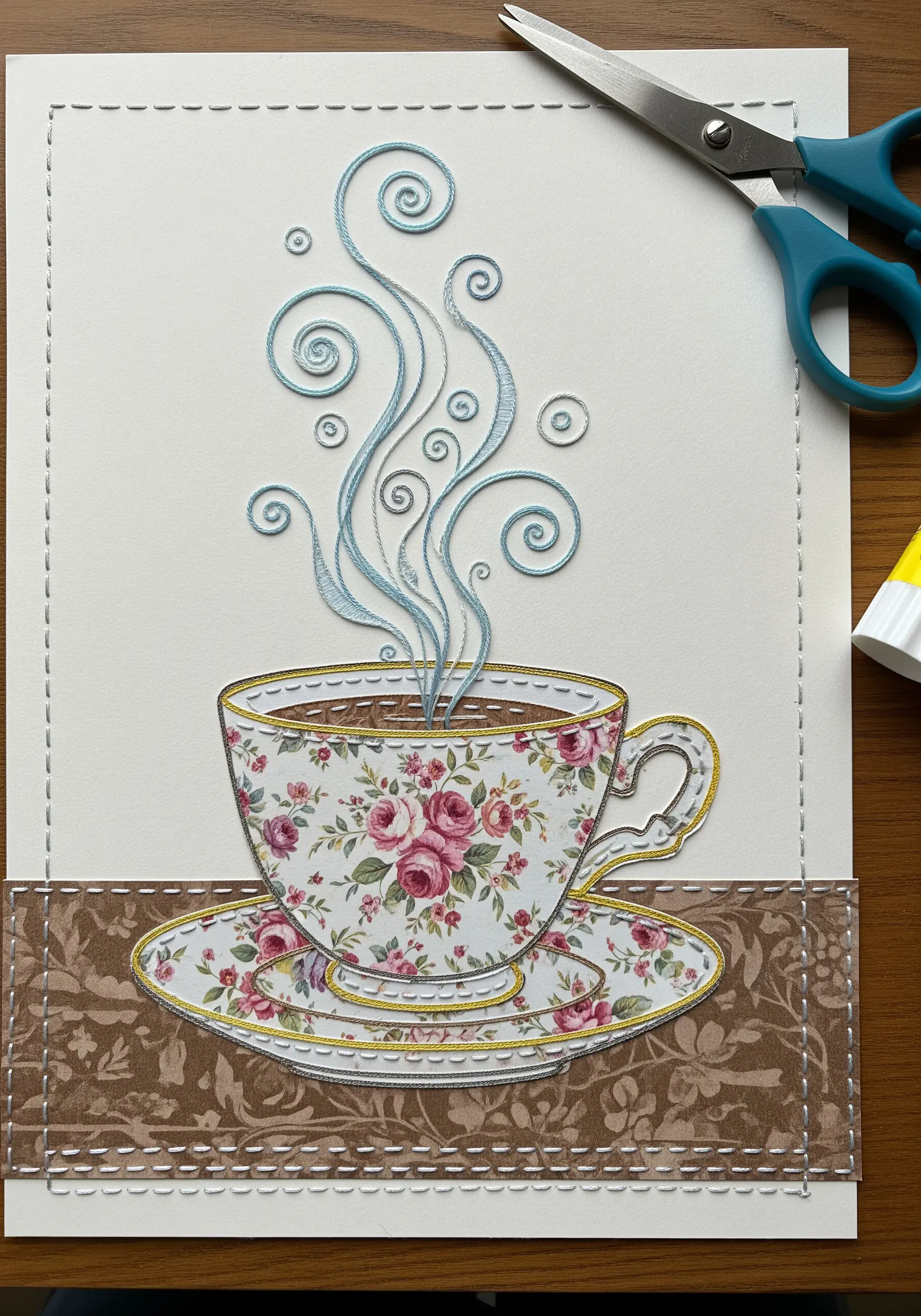 A paper collage teacup with delicate, swirling blue thread embroidered as steam.