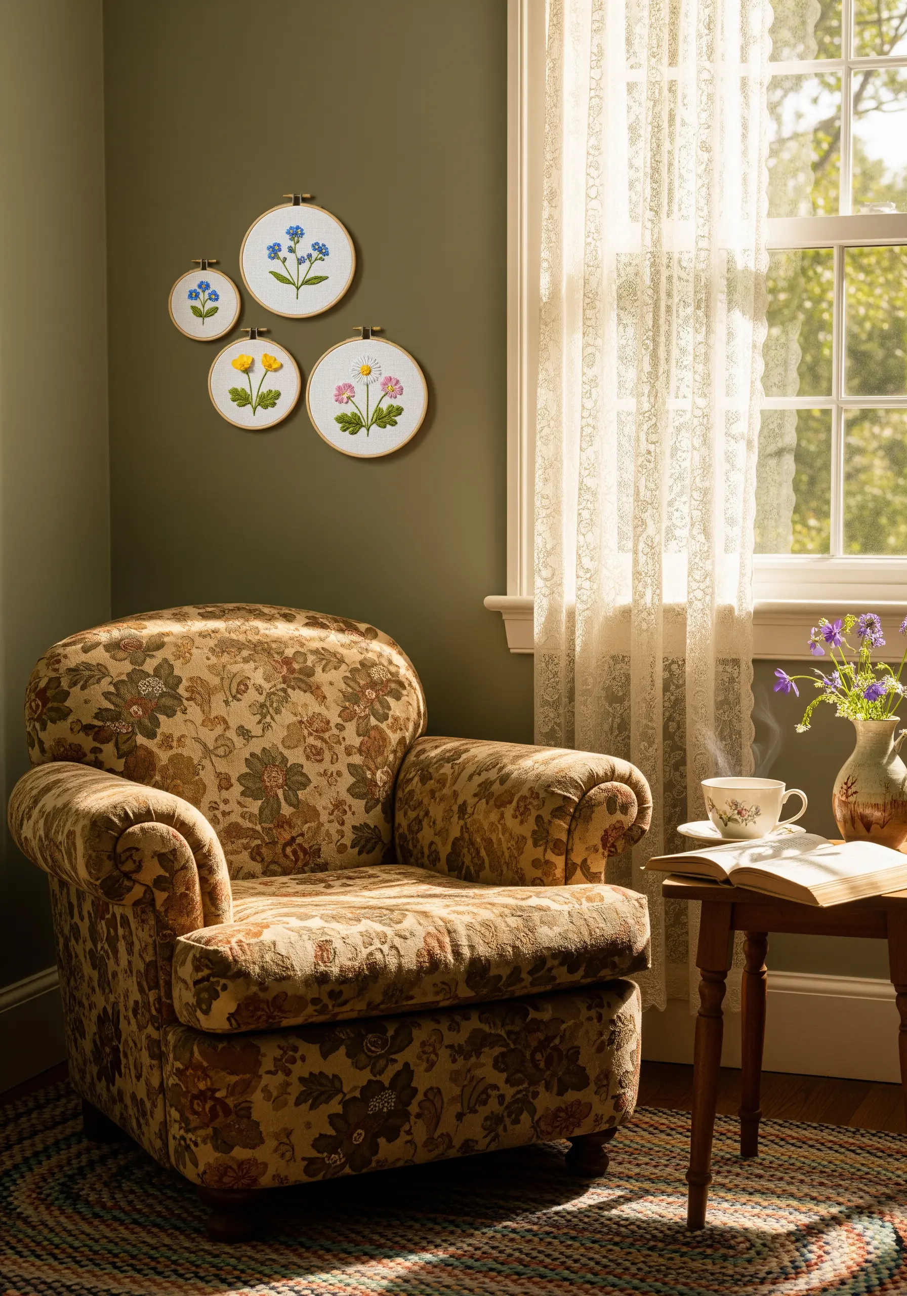 A gallery wall of four small hoops, each with a different wildflower specimen.