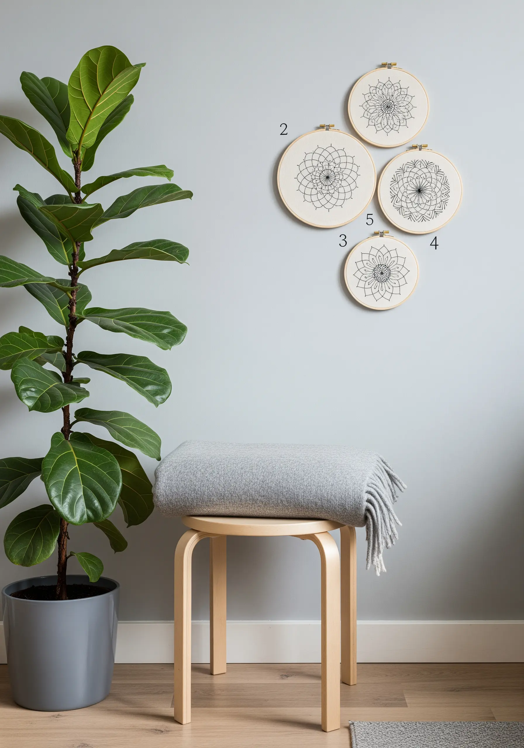 A gallery wall of four black-thread mandala embroideries in different-sized hoops.