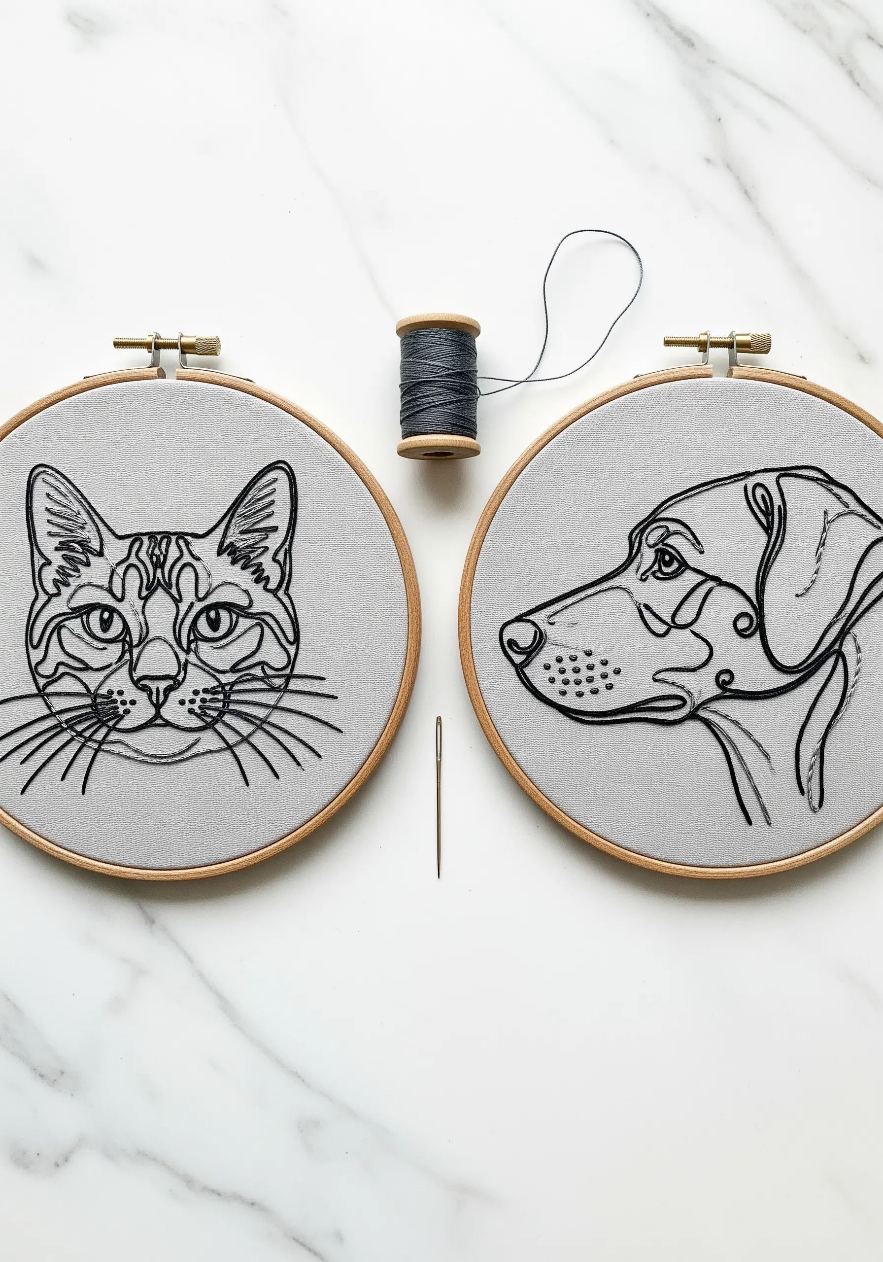 Two embroidery hoops with continuous line art portraits of a cat and a dog.