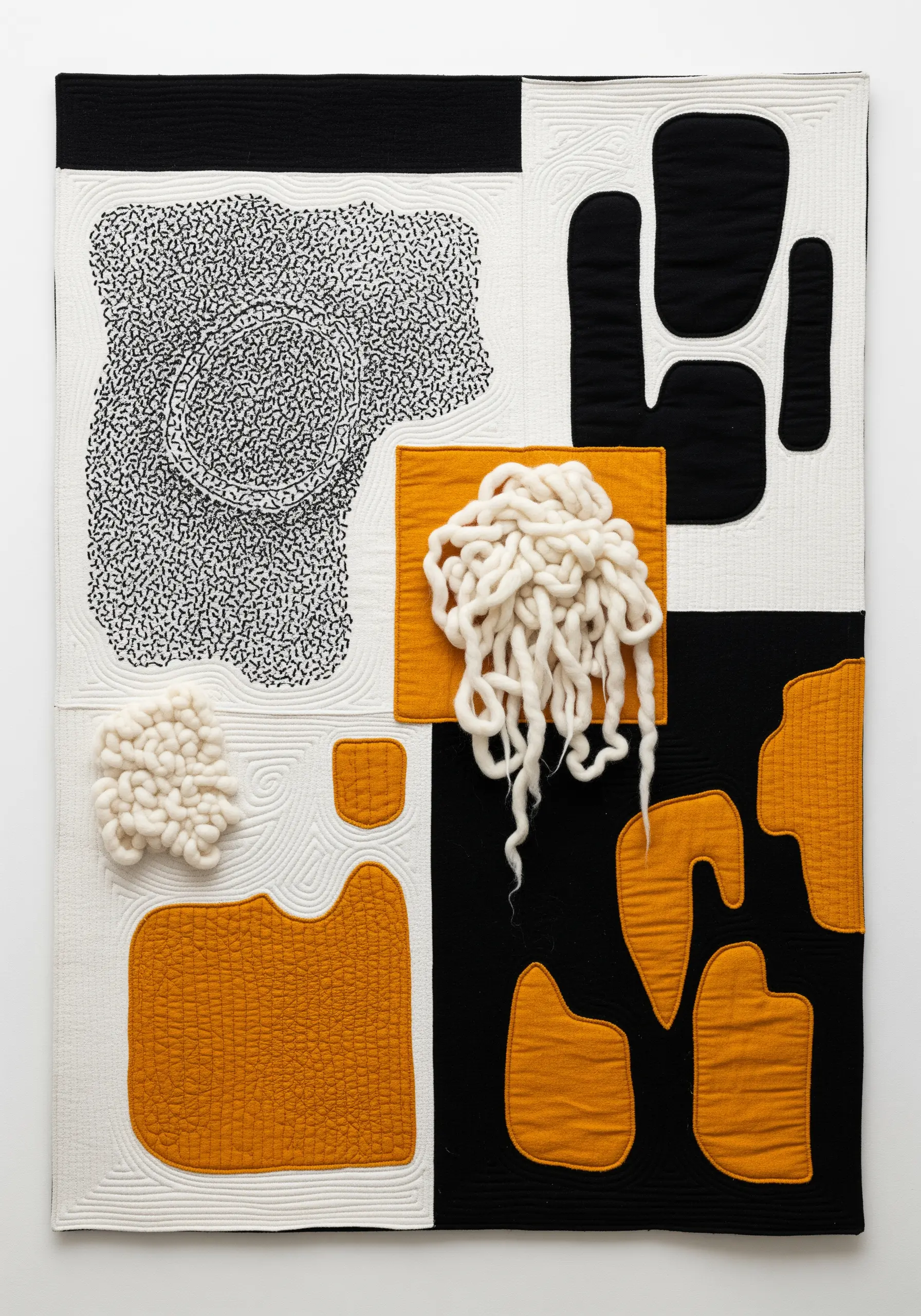 An abstract textile collage with black, white, and yellow fabric, quilting, and coiled yarn.