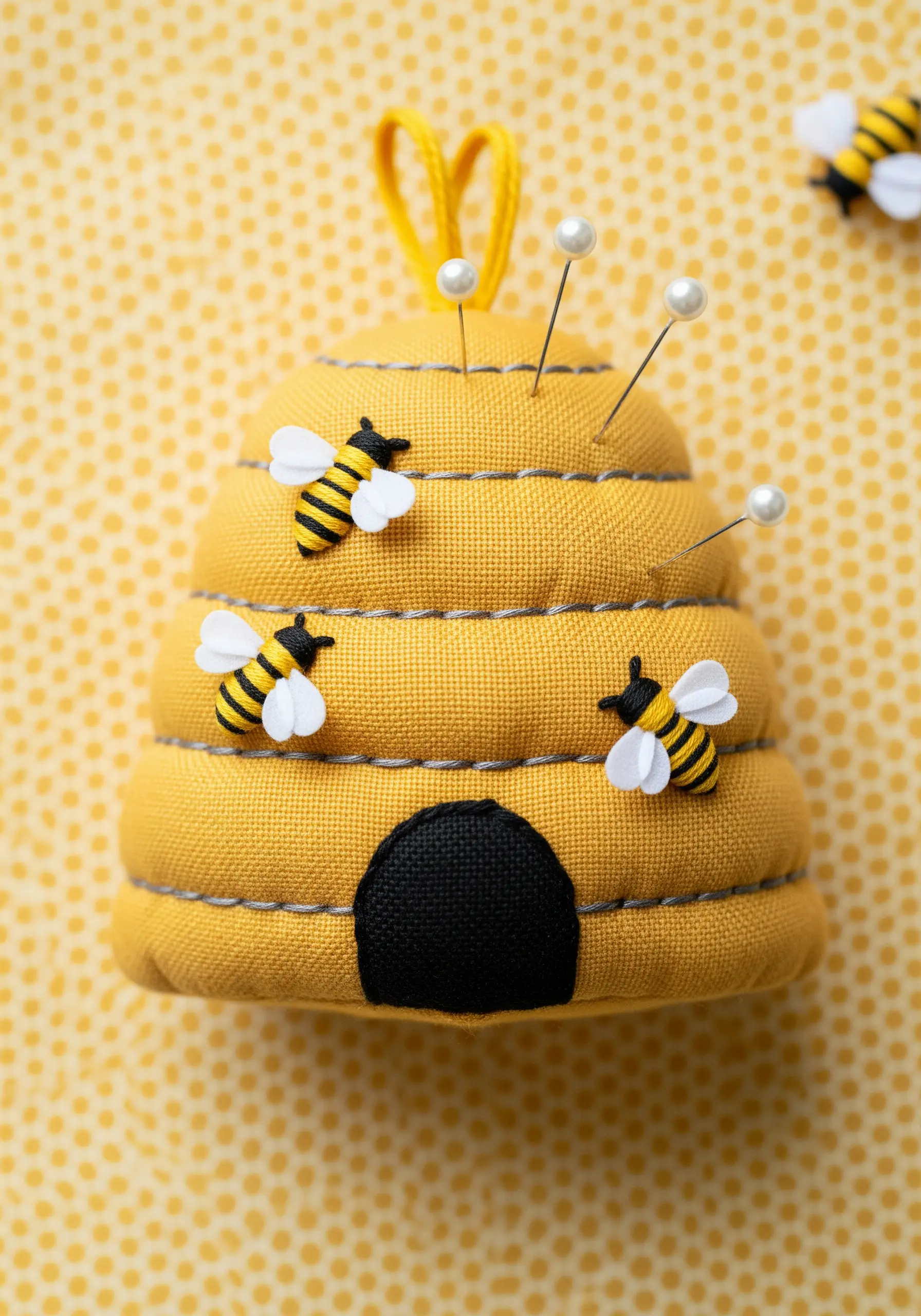 A tiered, beehive-shaped pincushion decorated with small bees.