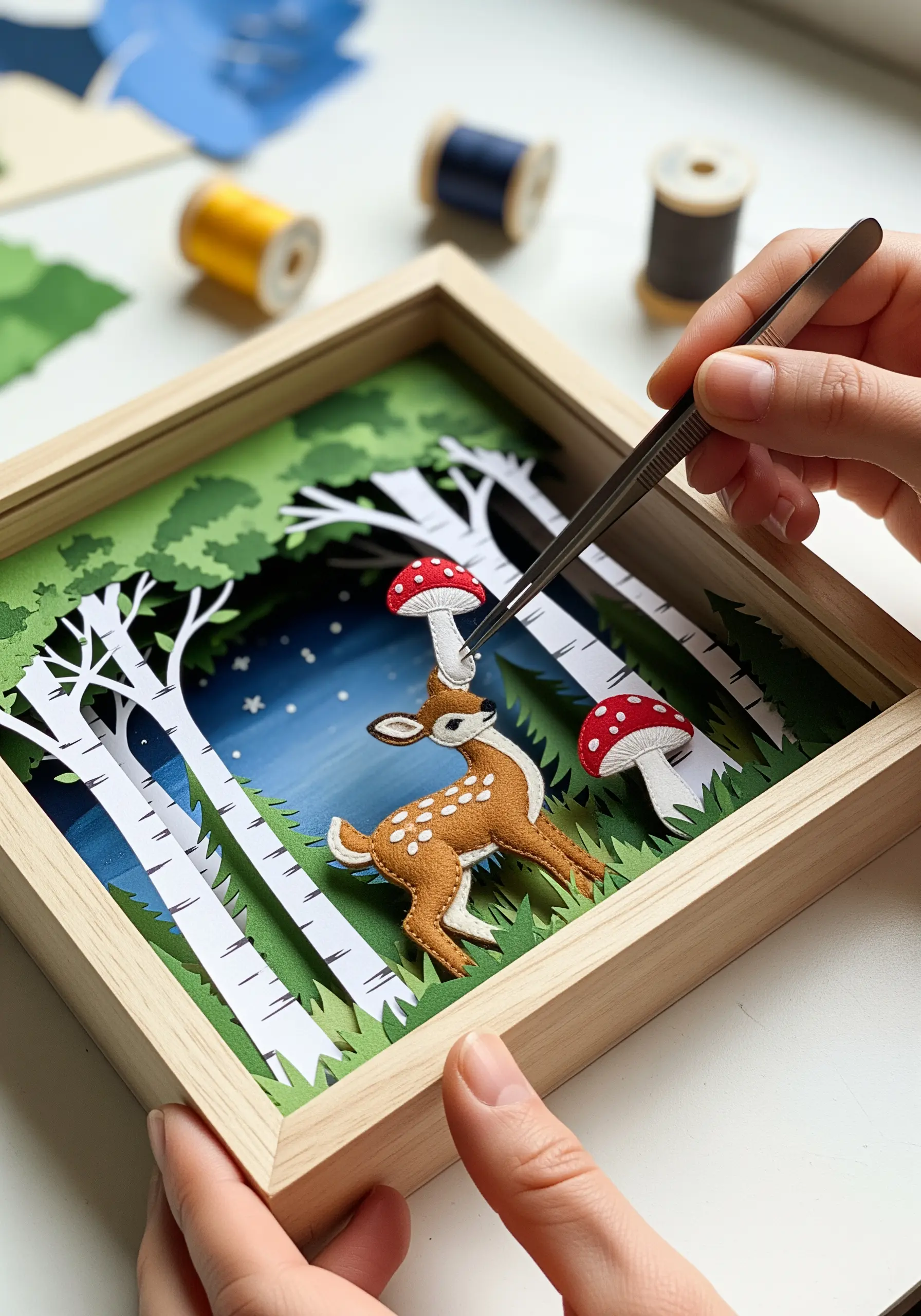 A 3D shadow box diorama of a forest scene made with layered paper and a small felt deer.
