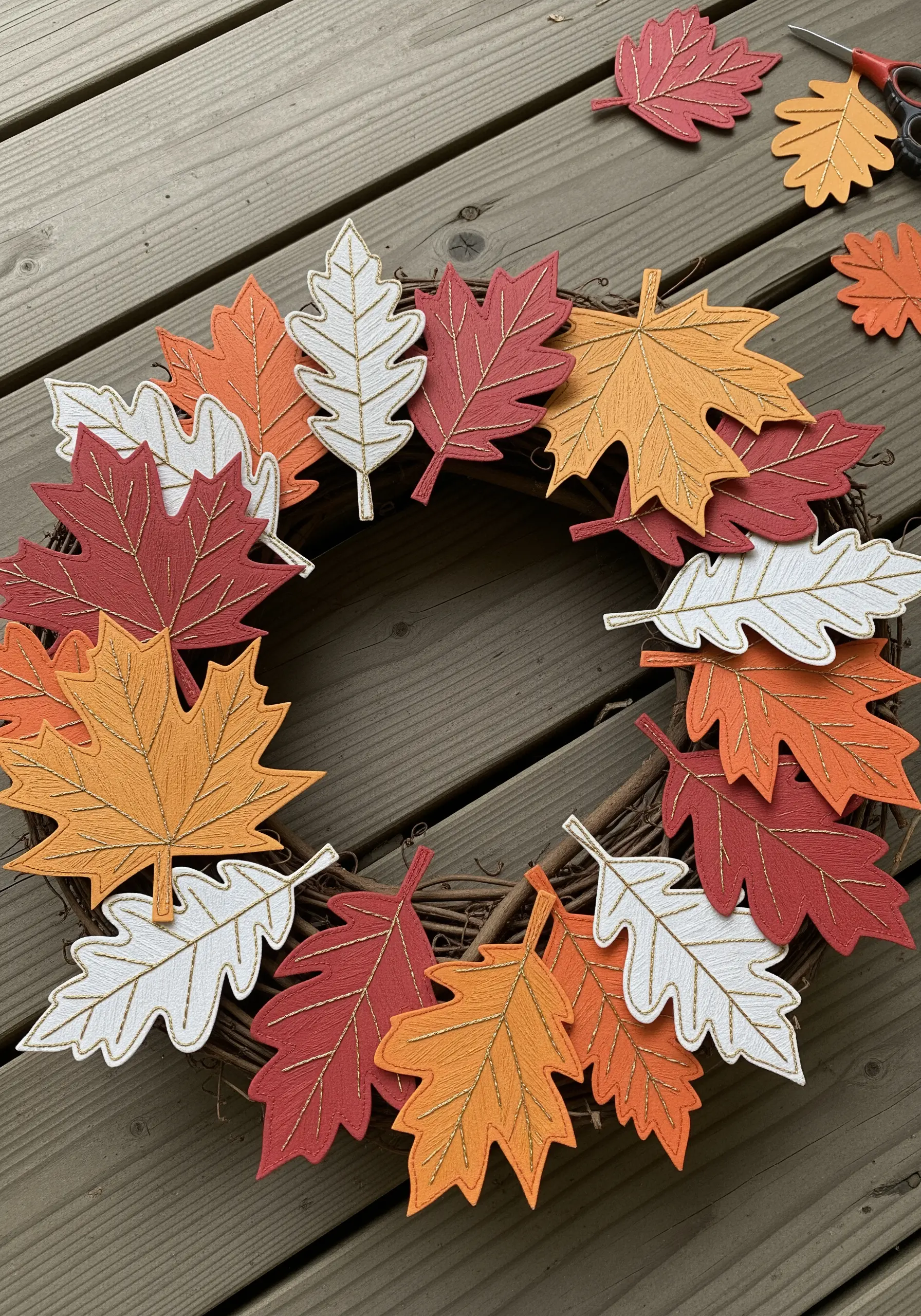 An autumn wreath made with embroidered paper leaves in red, orange, and white.