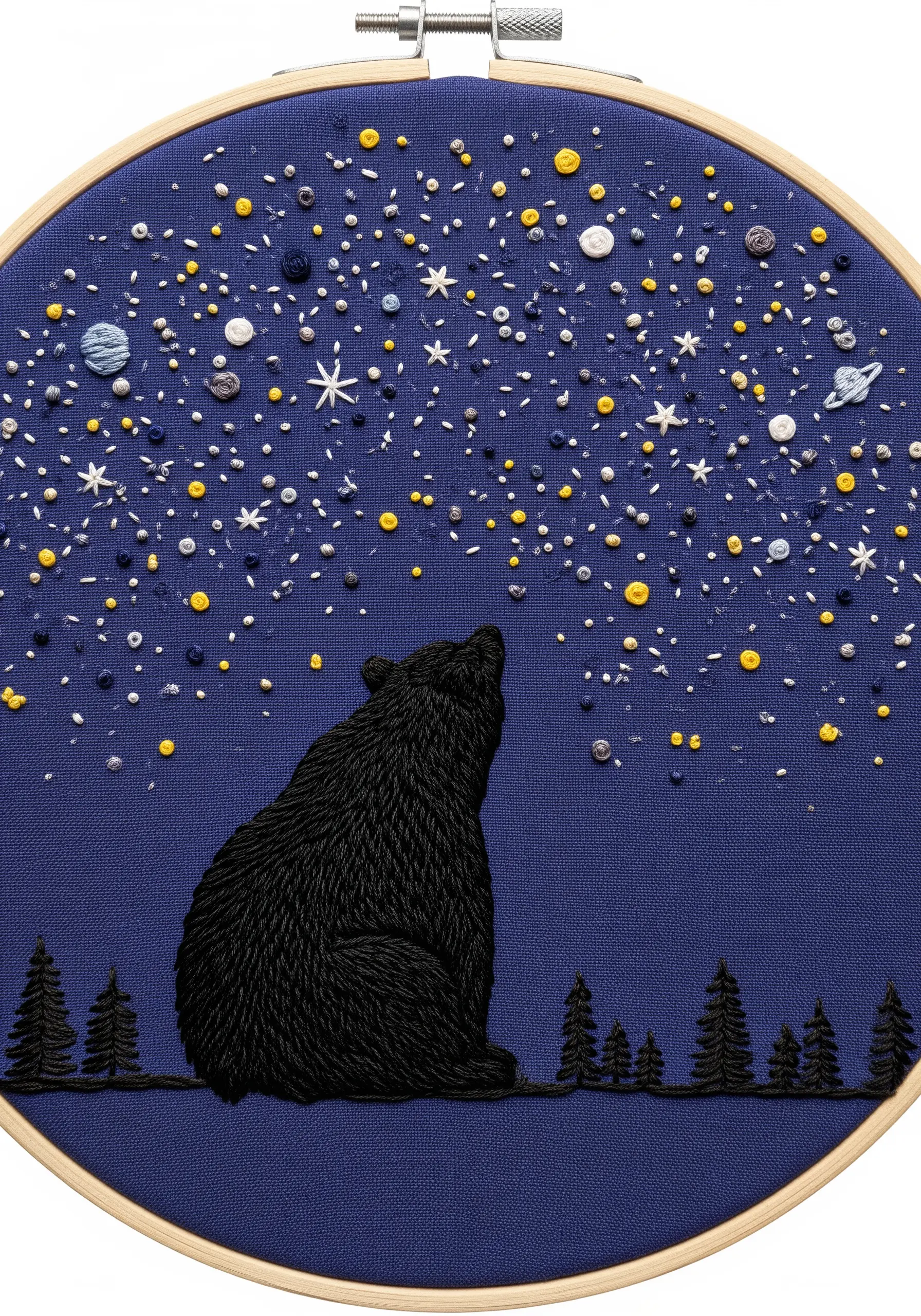 Embroidered bear silhouette gazing at a night sky of colorful French knots.