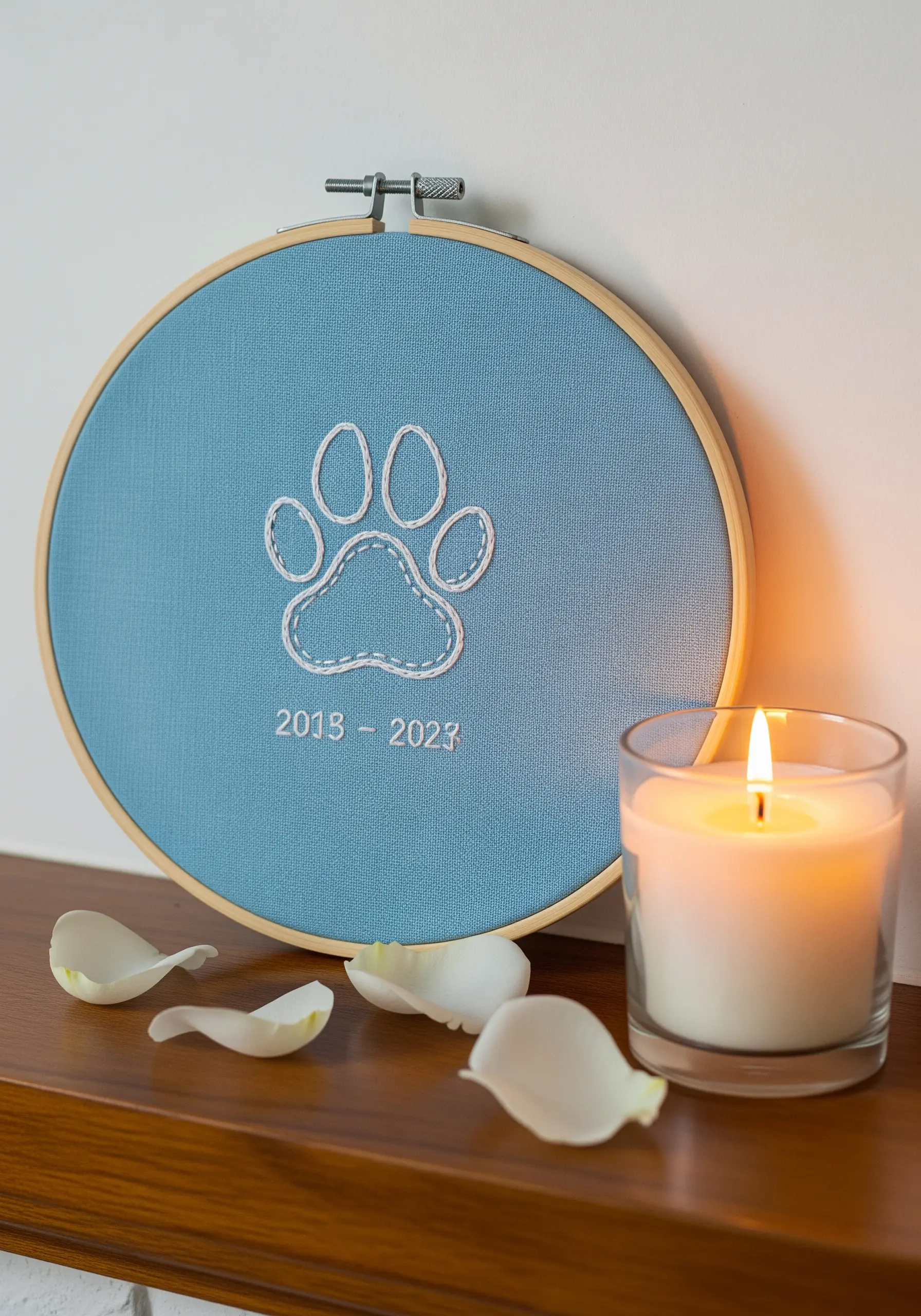 Embroidered paw print memorial with dates on blue fabric.
