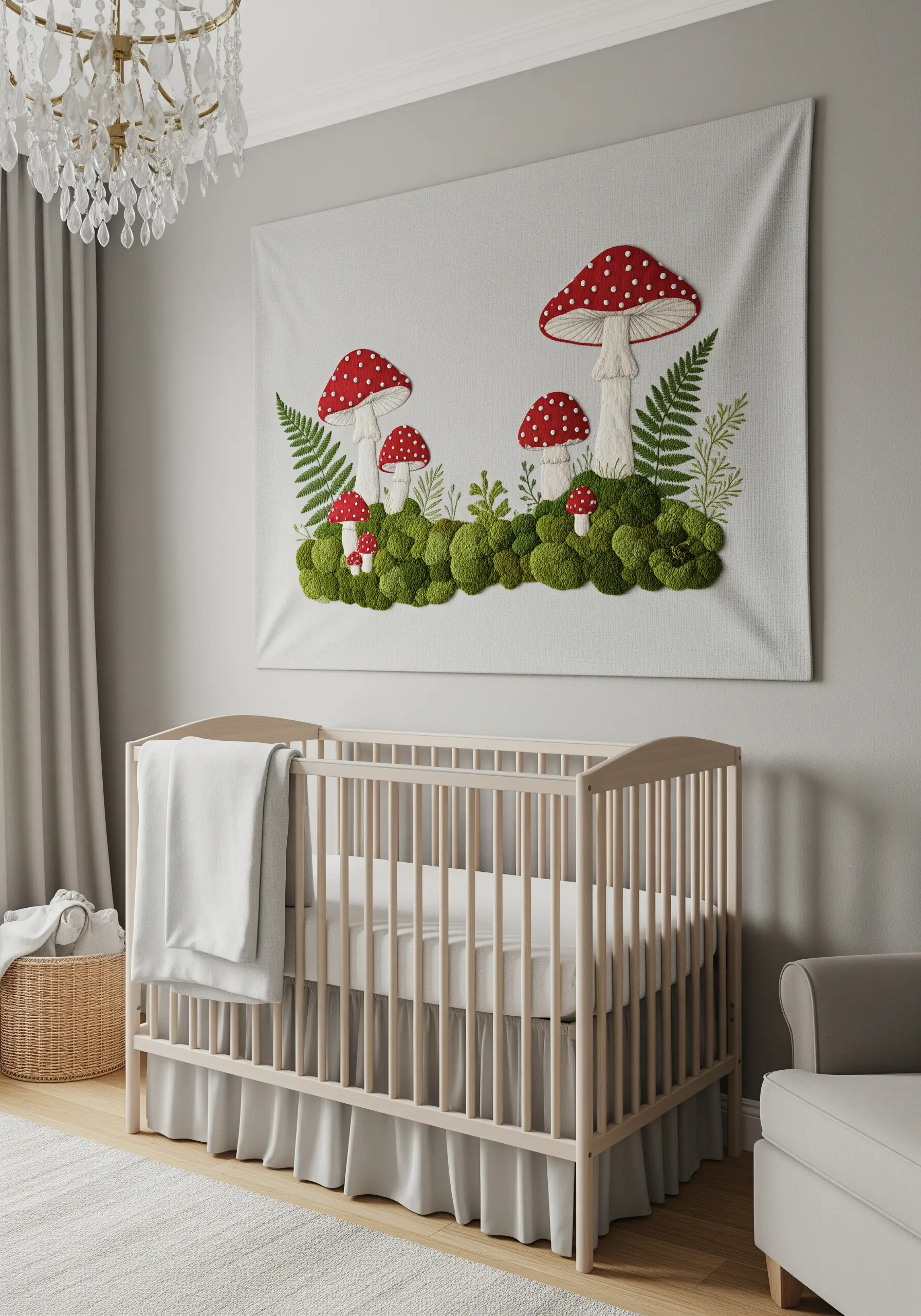A nursery wall hanging with embroidered mushrooms and 3D moss made from thread.