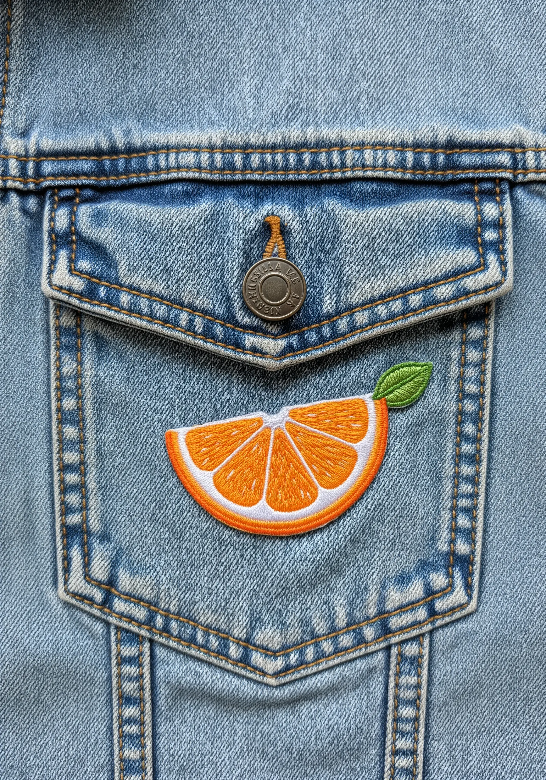 A vibrant embroidered patch of an orange slice on a <a href=