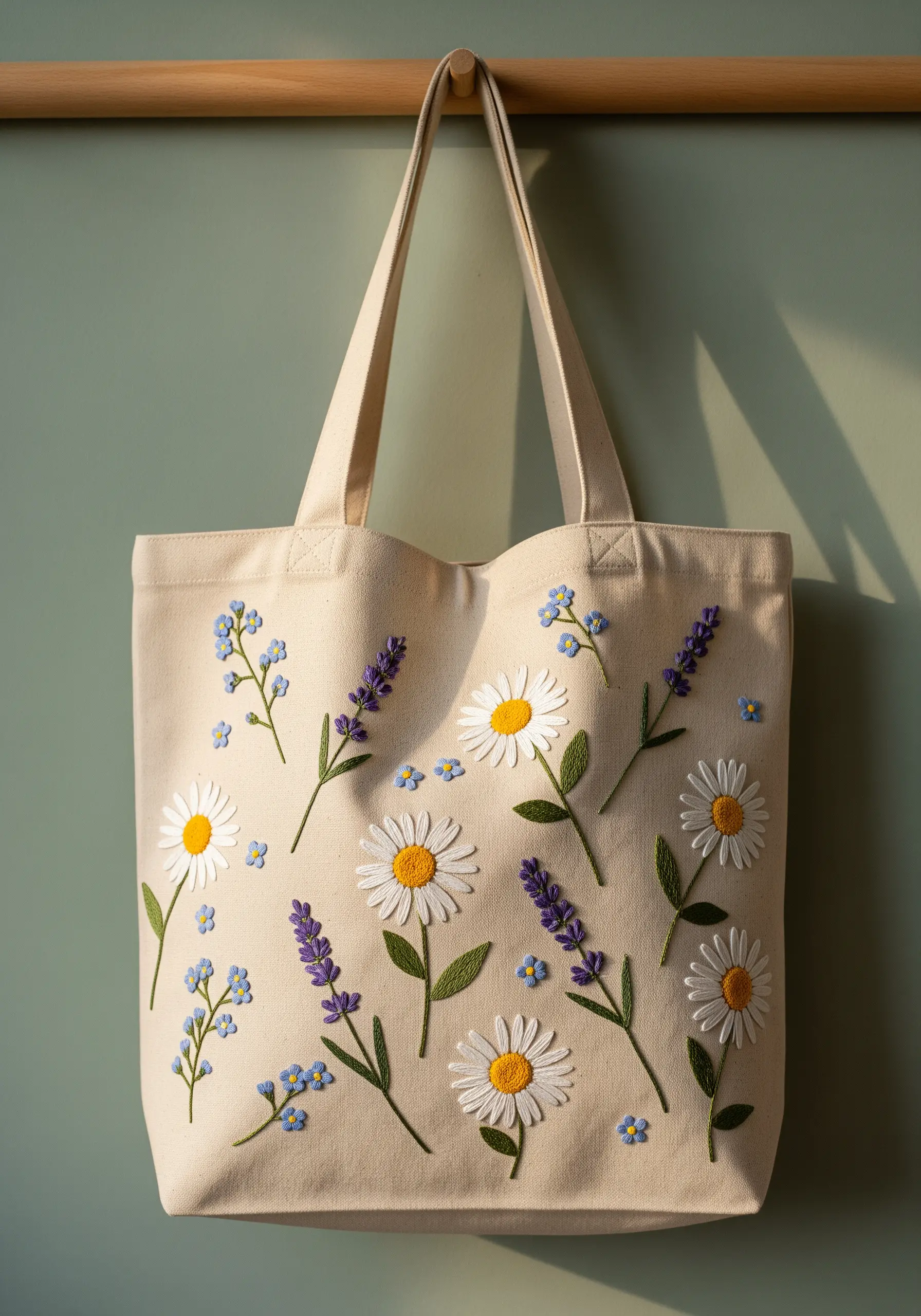 Wildflower embroidery on a canvas tote bag with daisies and lavender.