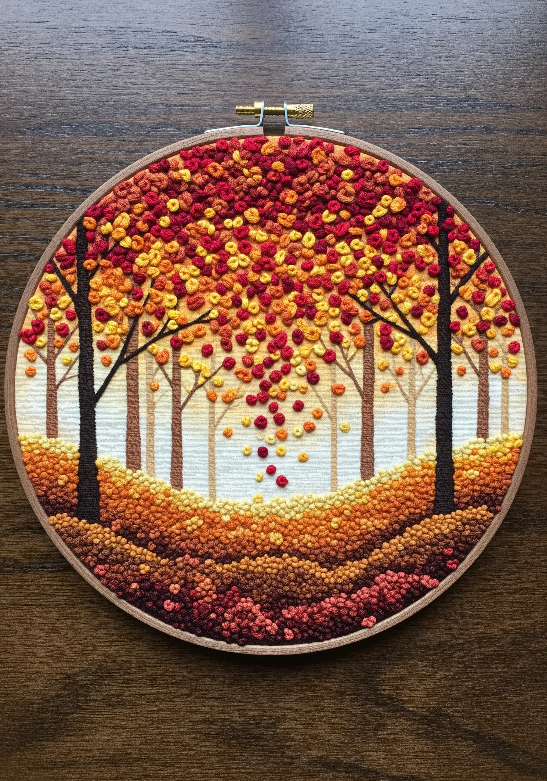An autumn forest landscape made with dense French knots in red, orange, and yellow for foliage.