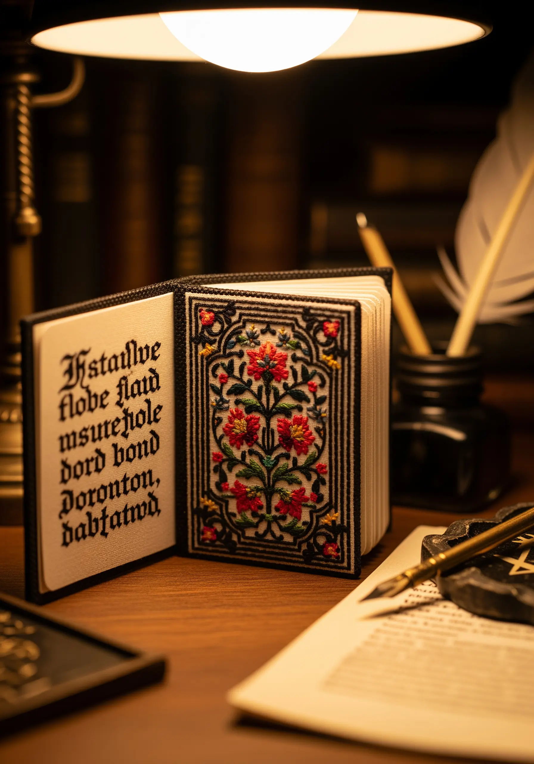 A miniature book with a densely embroidered floral cover resembling a manuscript.
