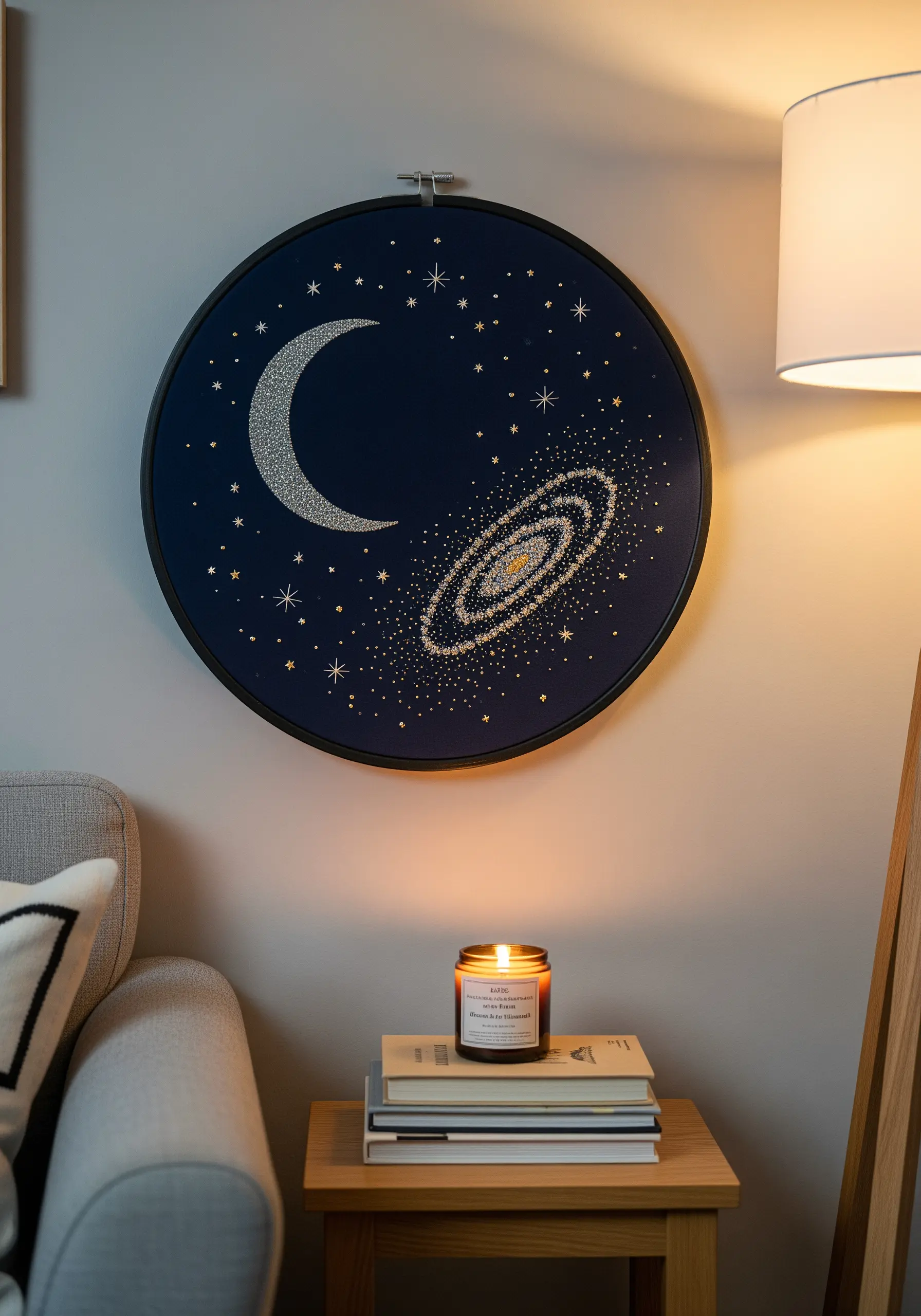 Celestial embroidery of a moon and galaxy on dark blue fabric using metallic threads.