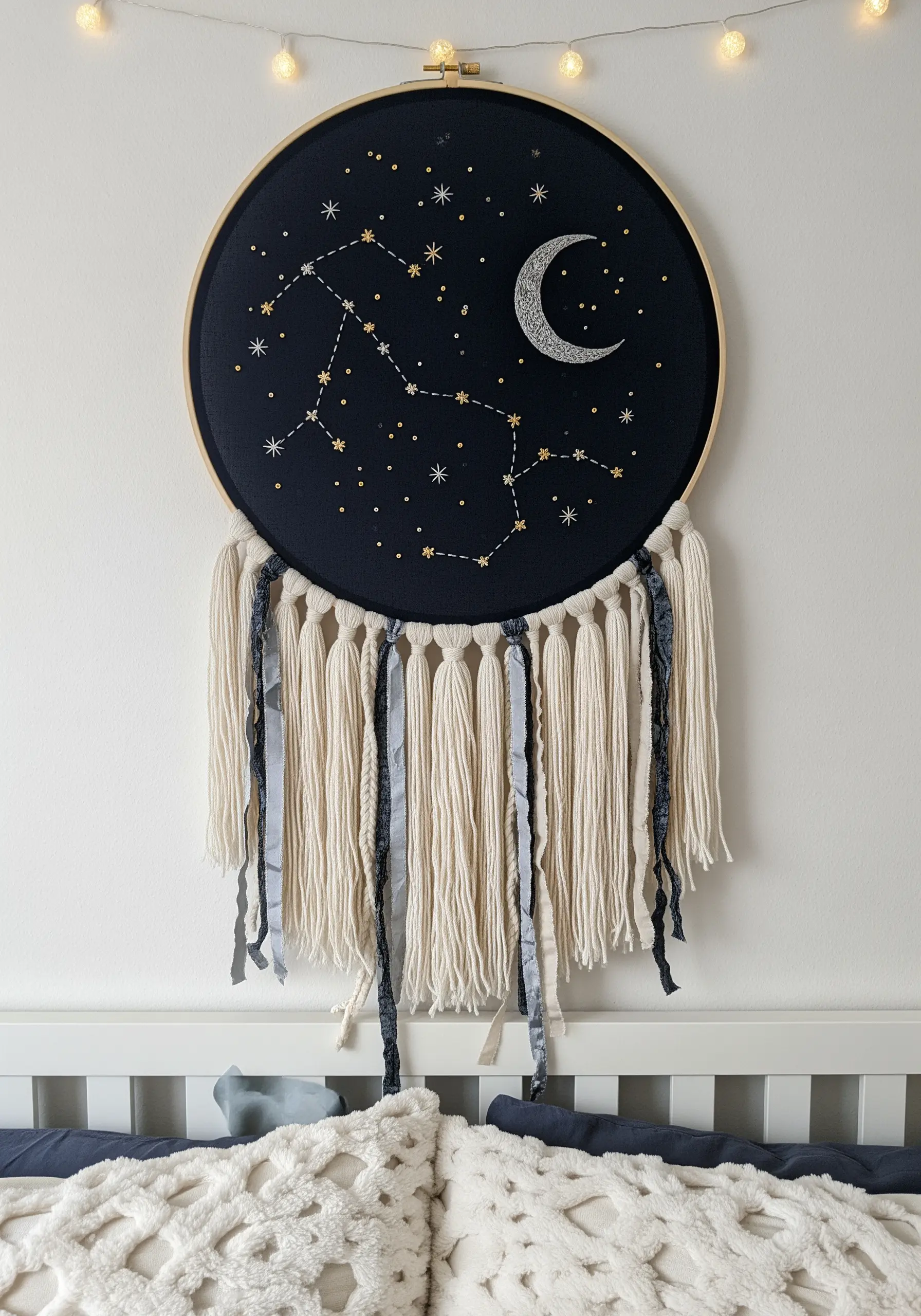 Embroidered constellation and crescent moon on black fabric with a yarn fringe.