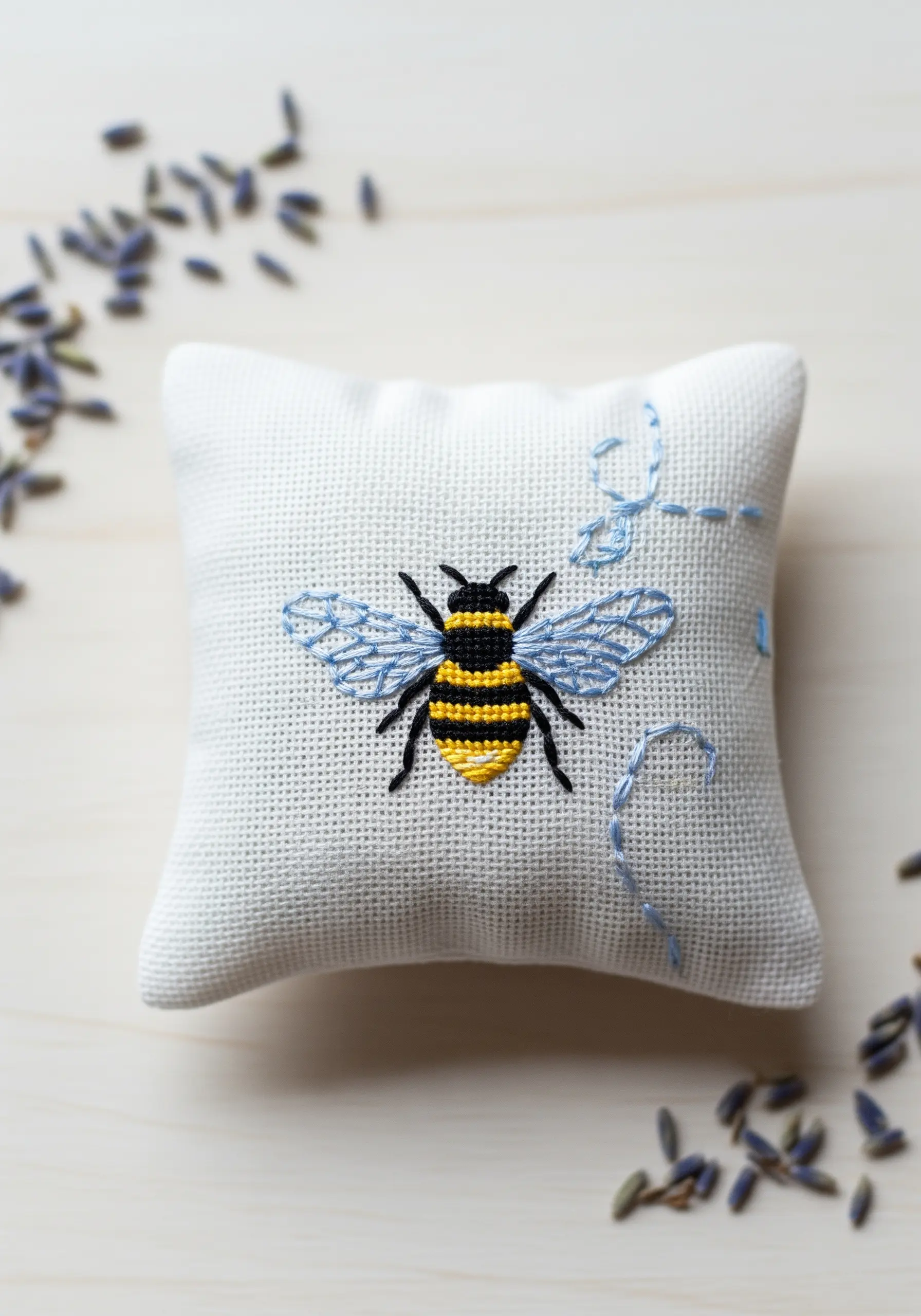 A small embroidered bee on a lavender sachet, with delicate, translucent wings.