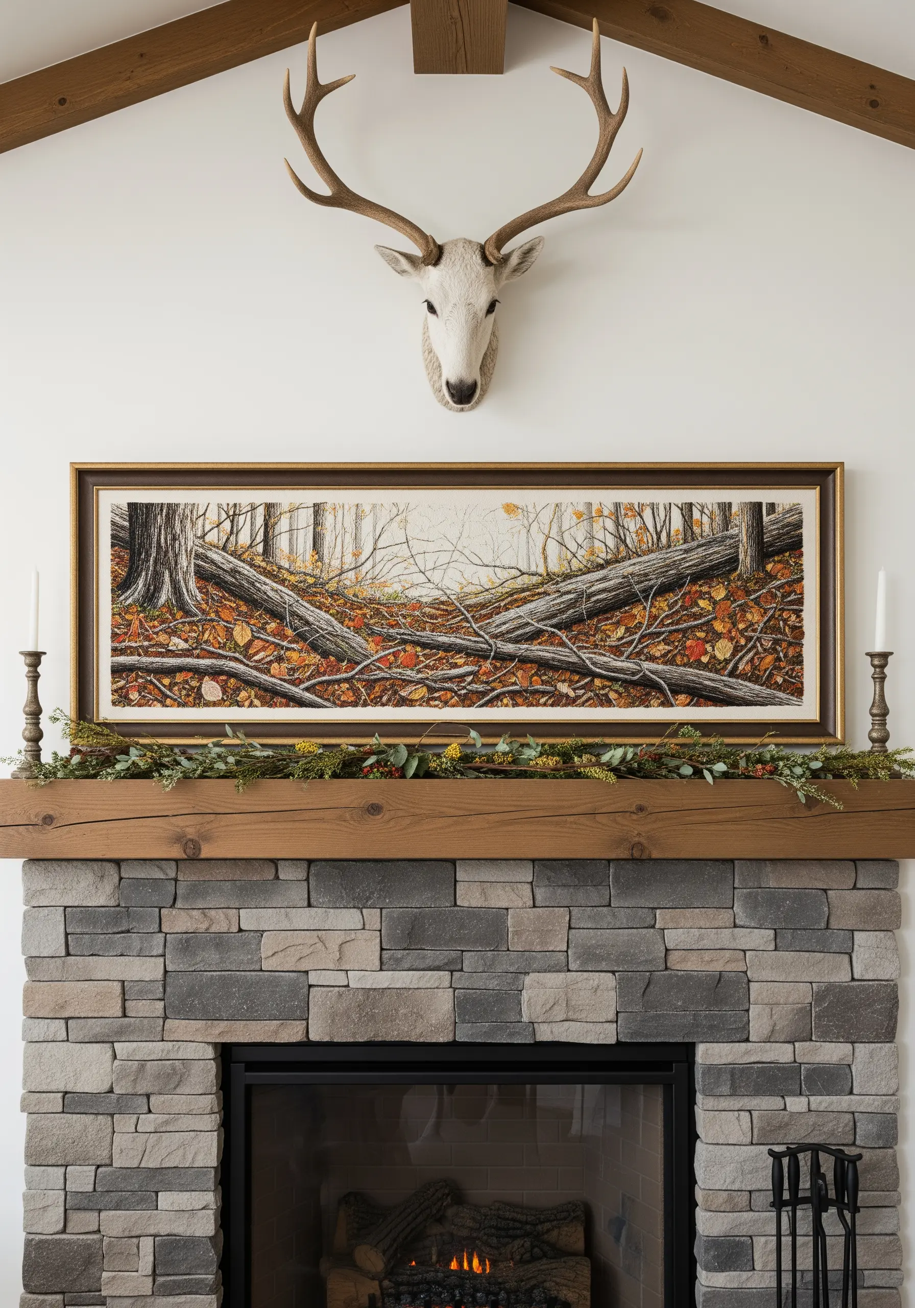 Detailed panoramic embroidery of a forest floor with fallen leaves and logs.