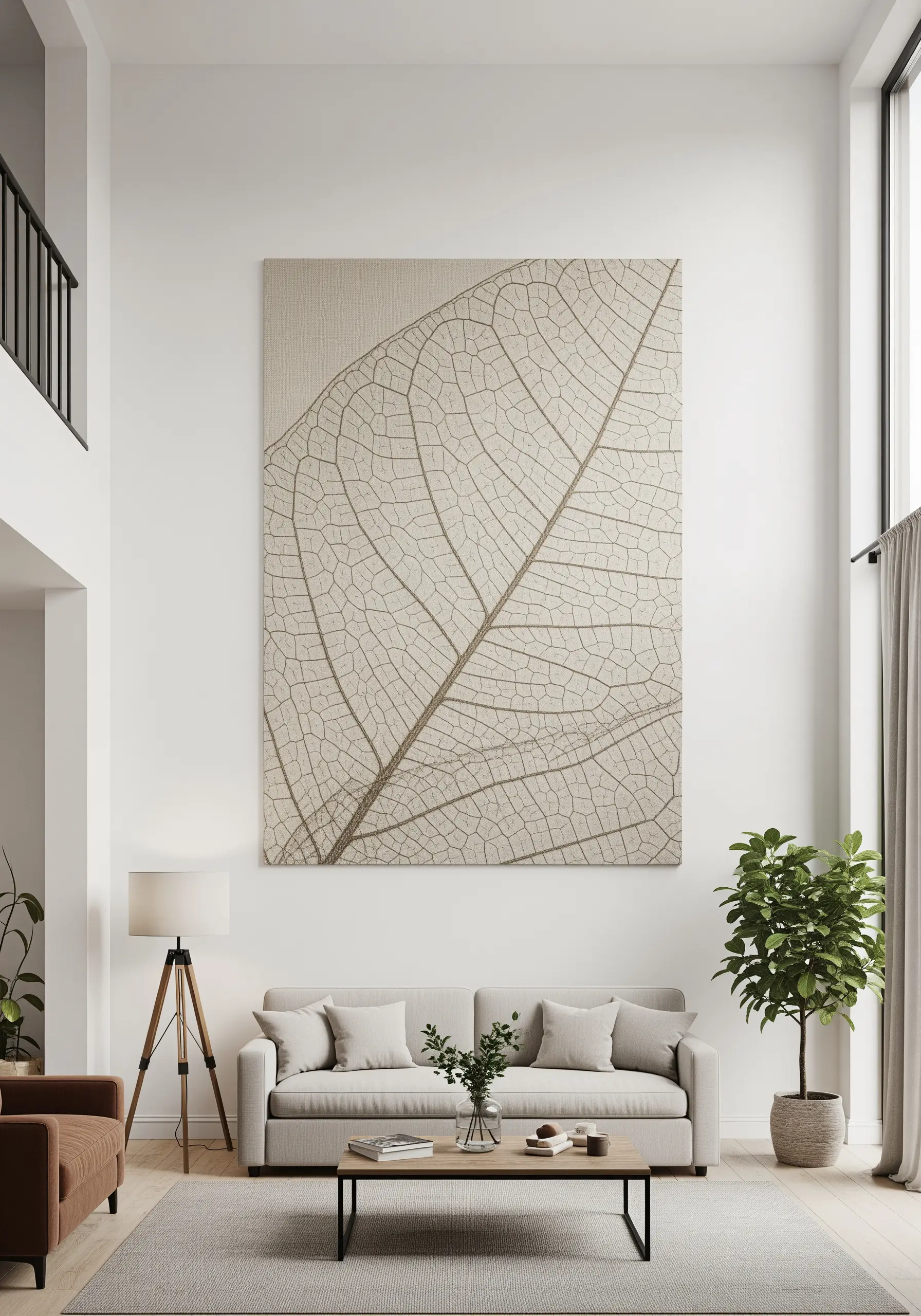 A large-scale, detailed embroidery of a leaf skeleton on a neutral wall tapestry.