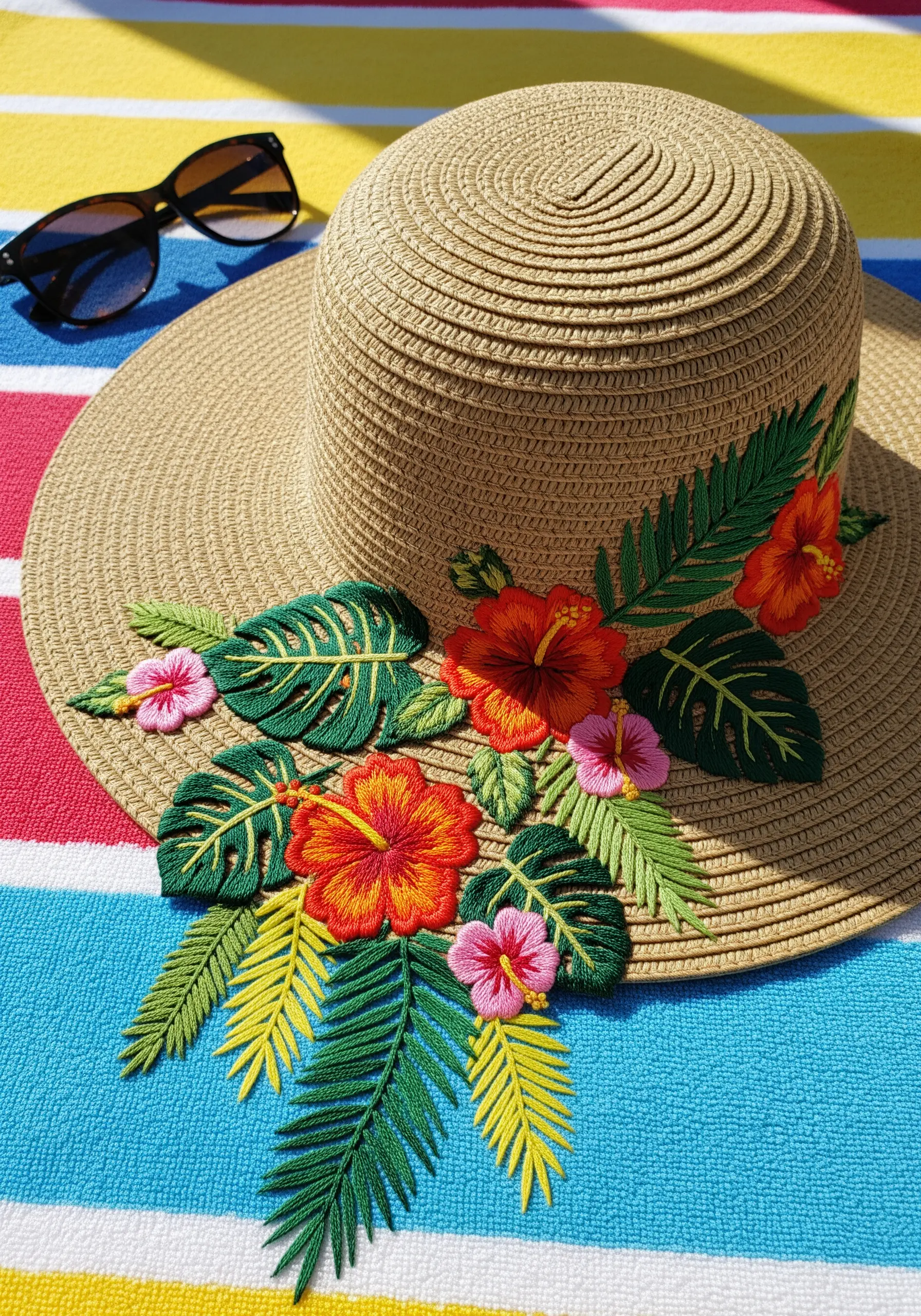A straw sun hat adorned with vibrant, three-dimensional embroidered hibiscus flowers and leaves.