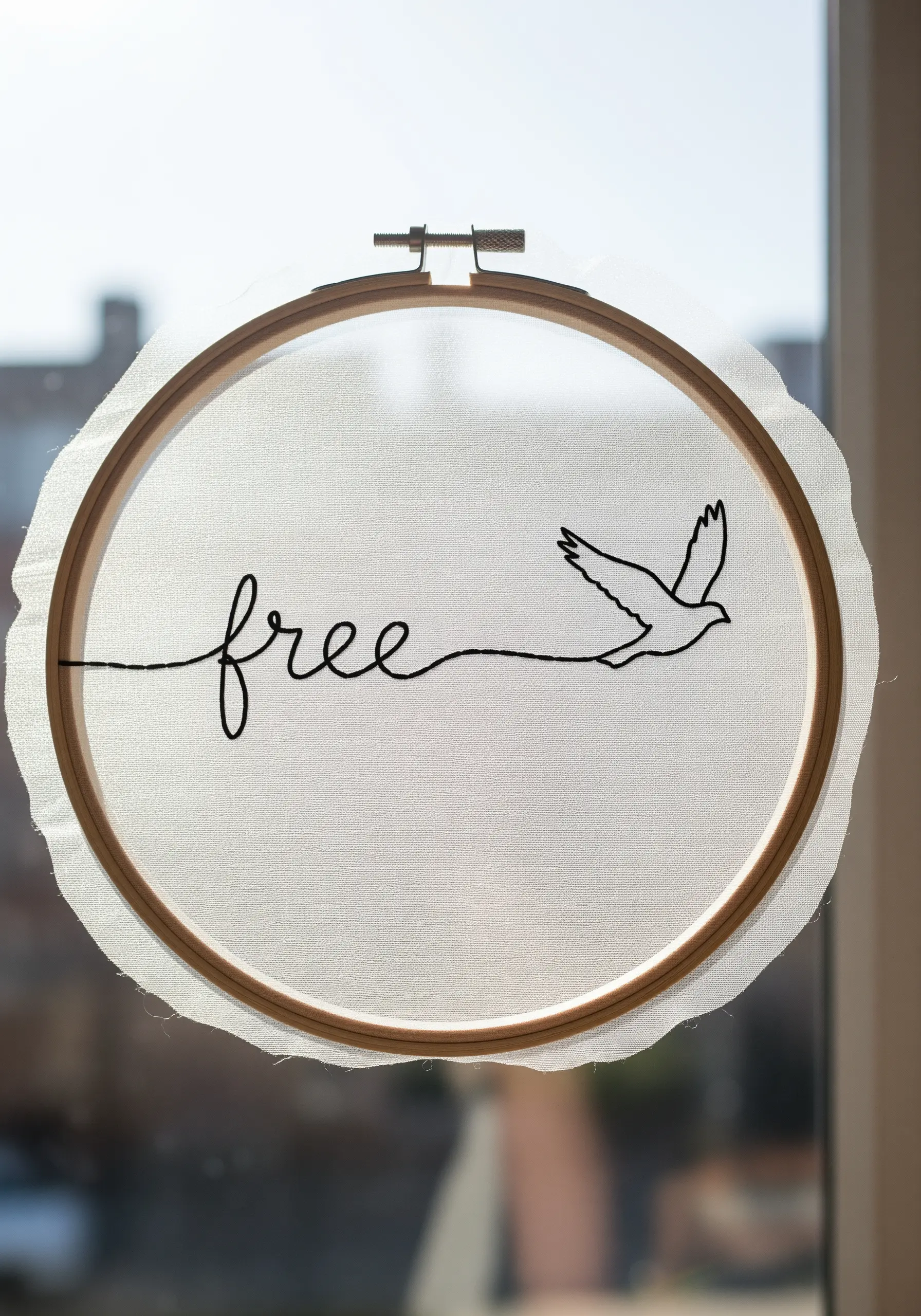 A continuous line embroidery of the word 'free' flowing into a bird on sheer fabric