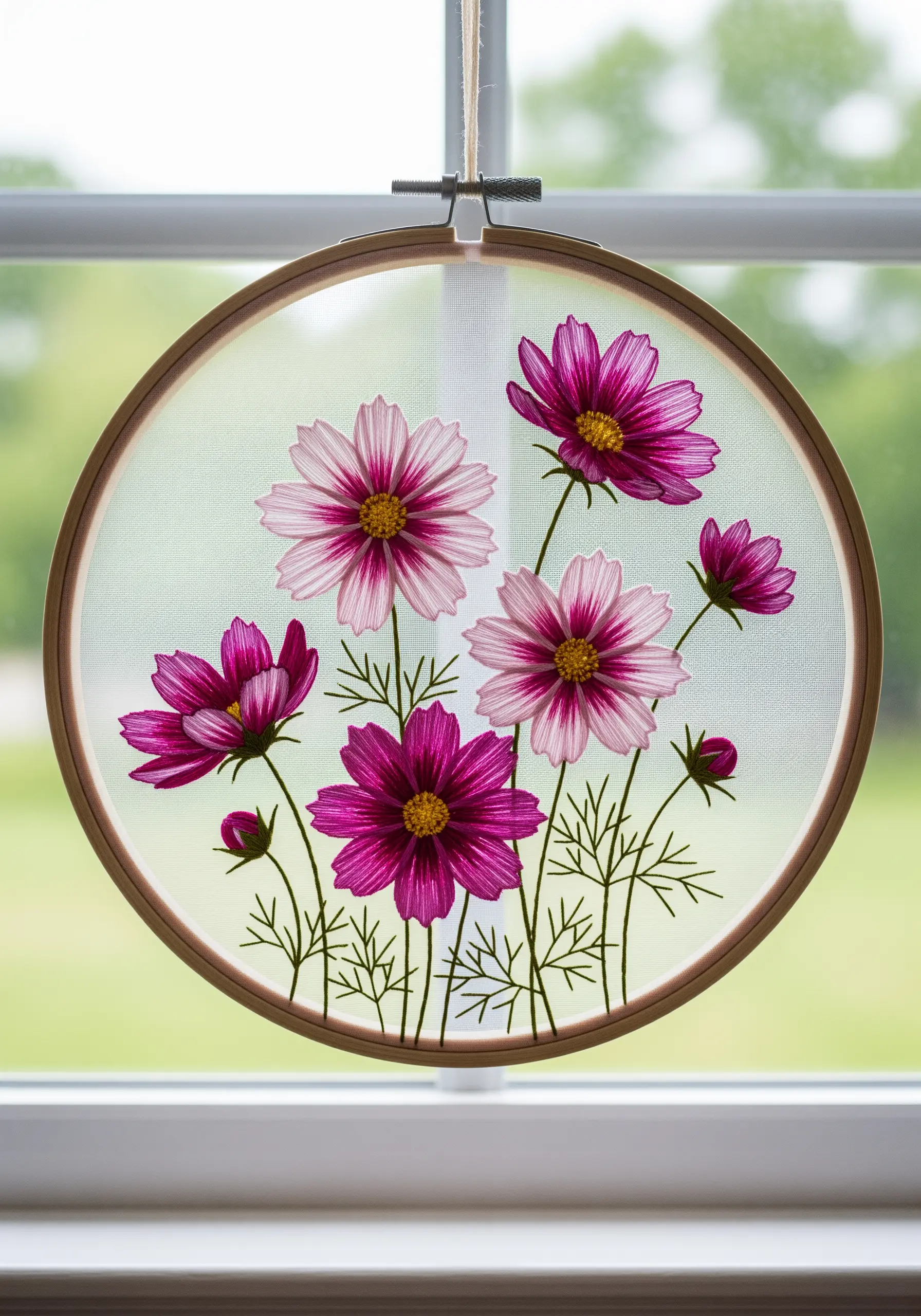 Pink cosmos flowers embroidered on sheer tulle, creating a floating effect.