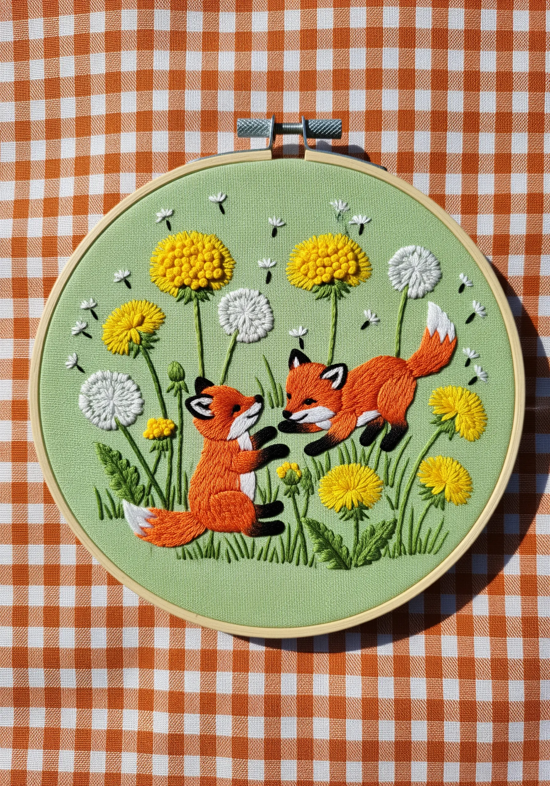 Two embroidered foxes playing in a field of 3D turkey work dandelions.