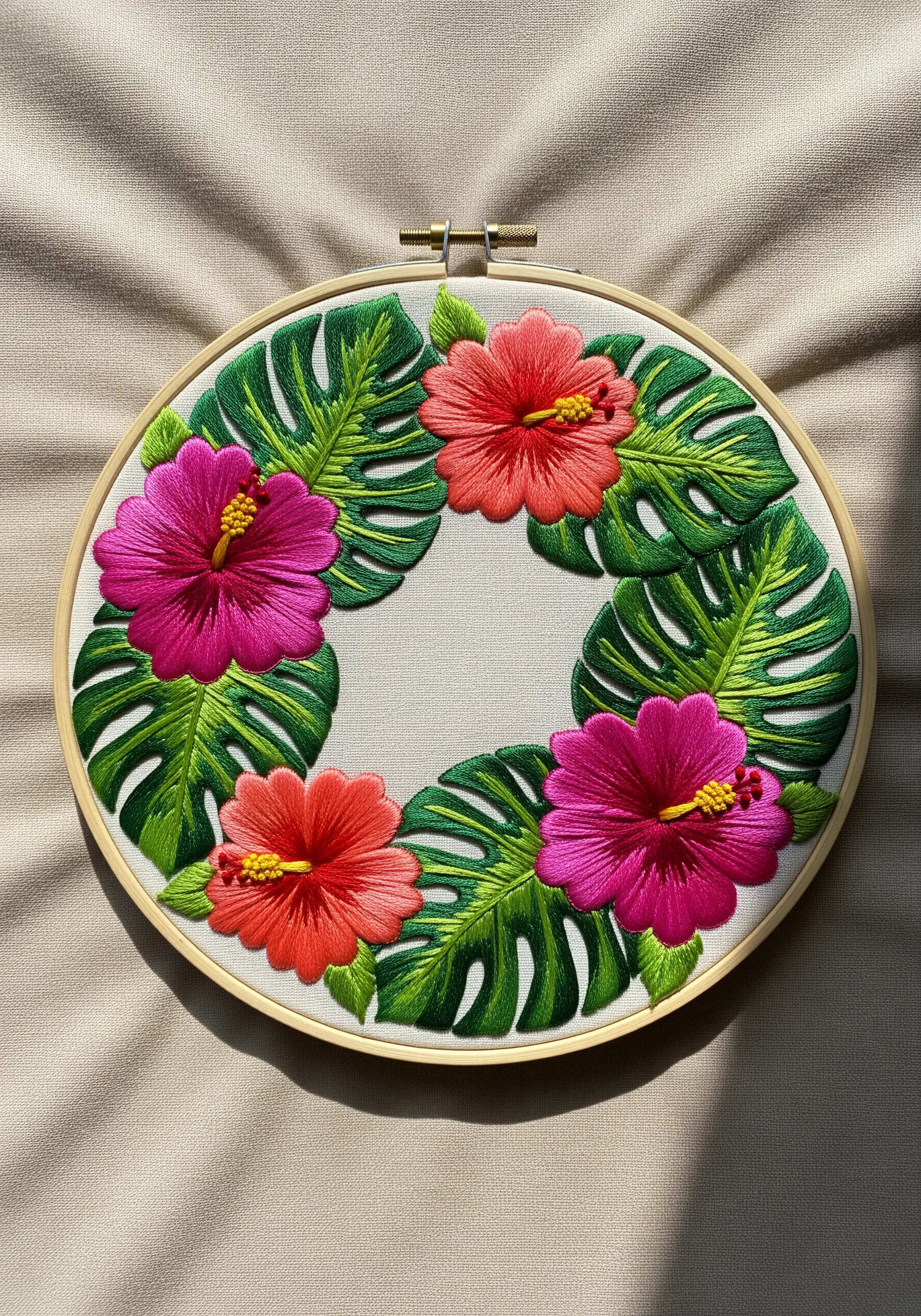 A bold wreath of embroidered monstera leaves and vibrant pink and orange hibiscus flowers.