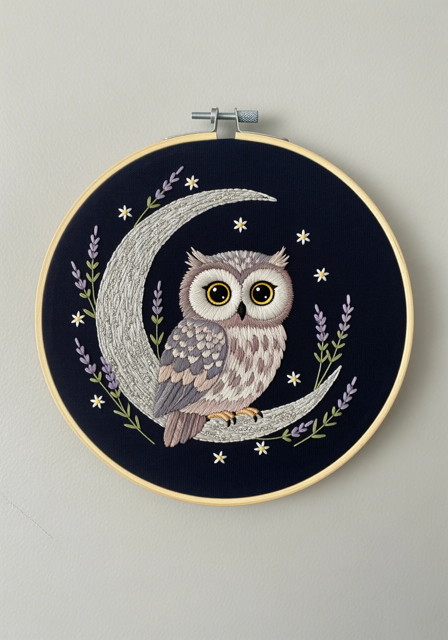 Embroidered owl and textured moon on dark navy fabric with lavender details.