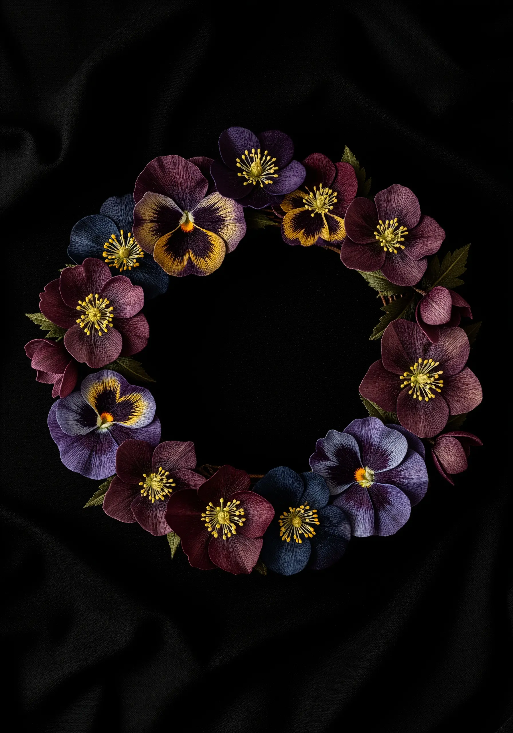 A moody wreath of dark purple and blue pansies with yellow centers on black fabric.