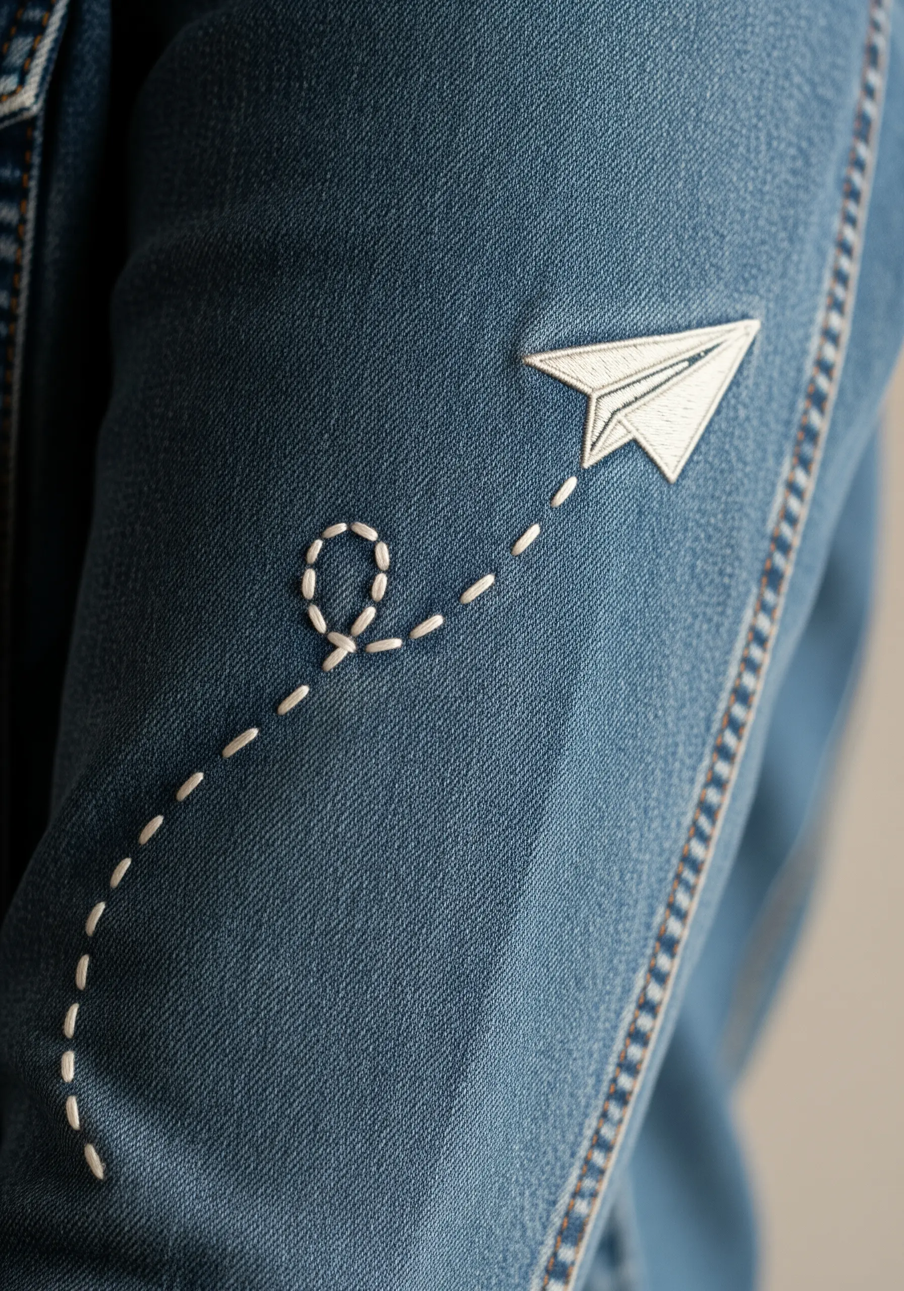 An embroidered paper airplane with a dotted line and loop trail on a denim jacket sleeve.