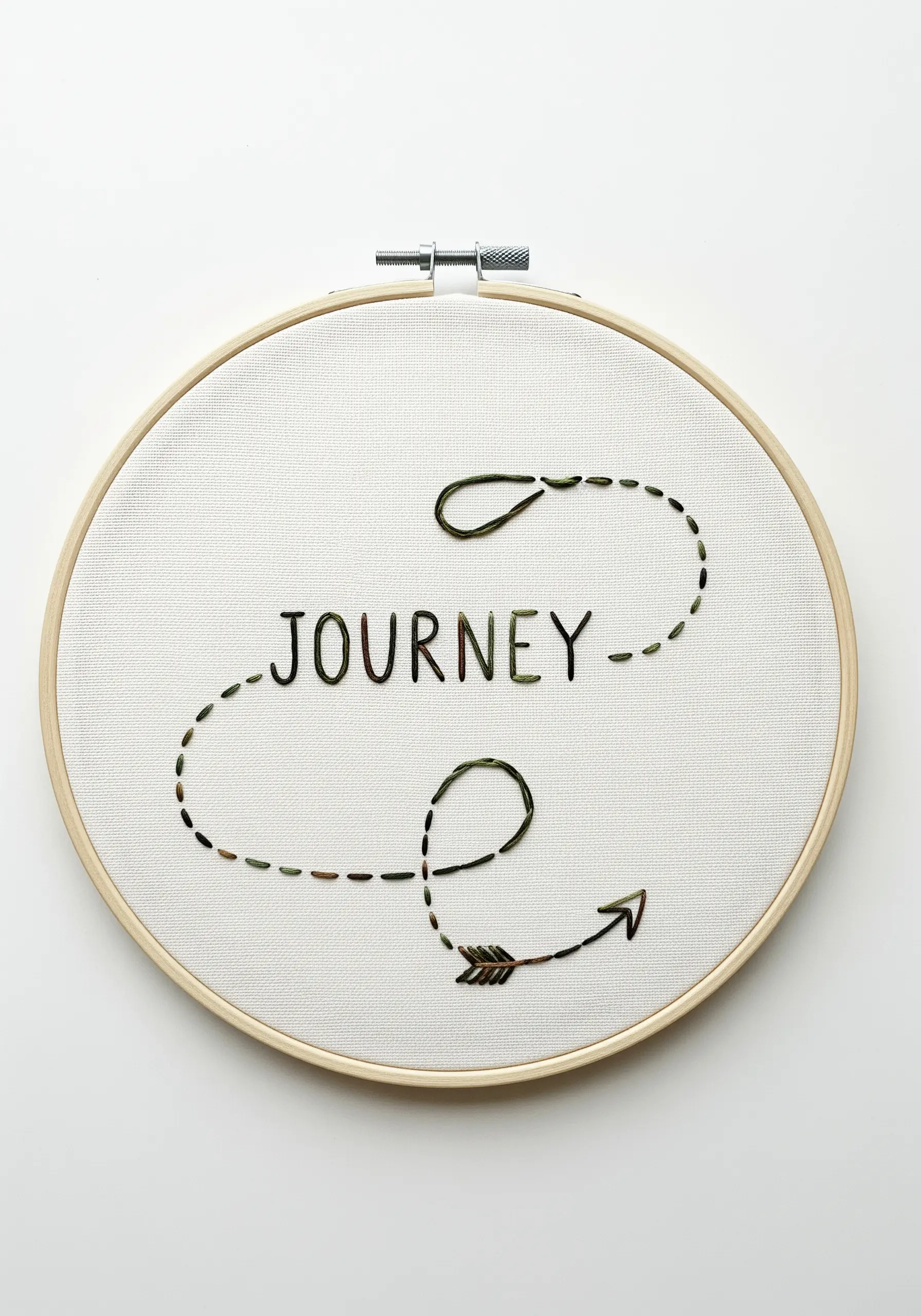 The word 'journey' with a dotted line path and arrow stitched in variegated green thread