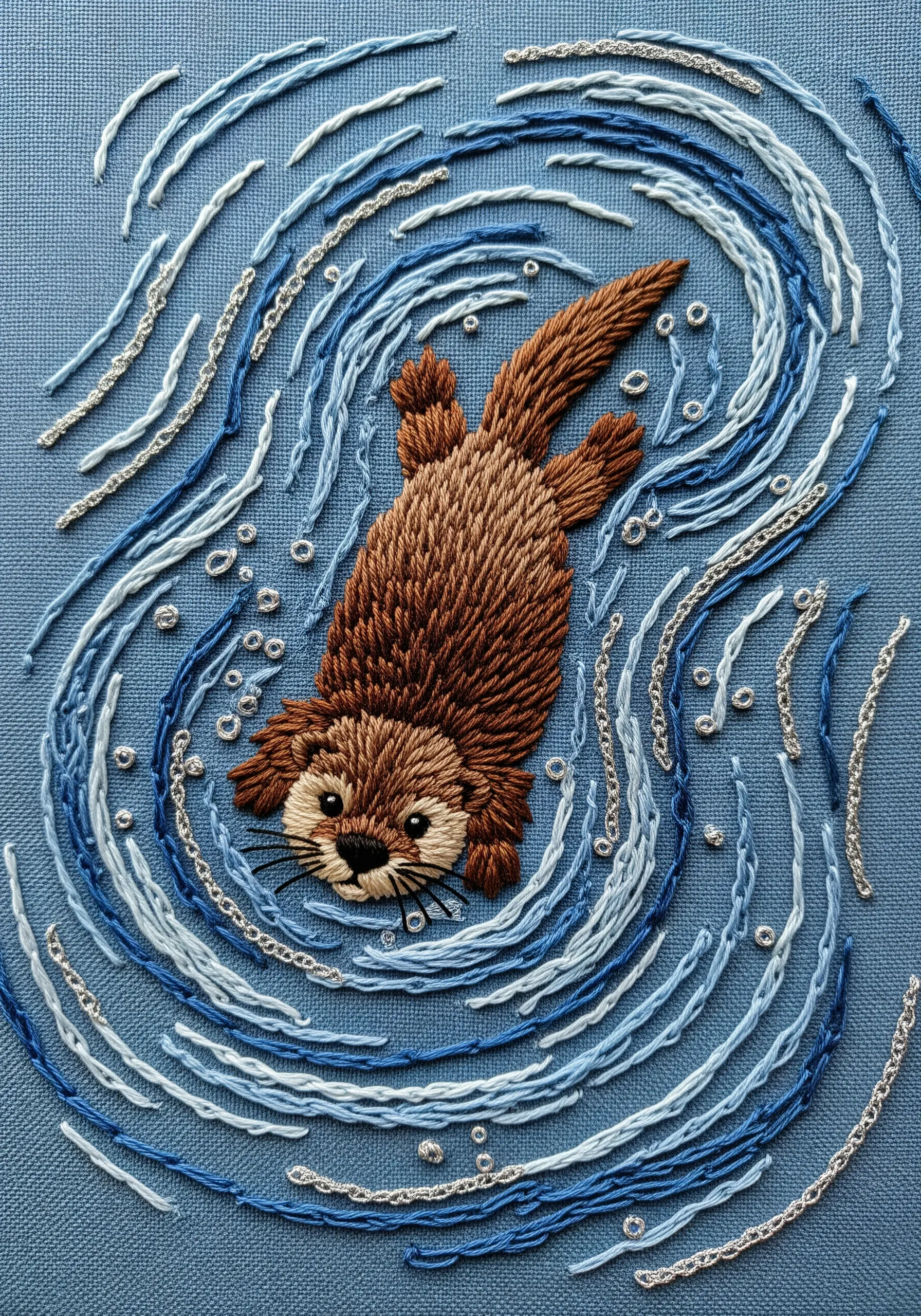 Embroidered otter in swirling blue water created with whipped backstitch and chain.