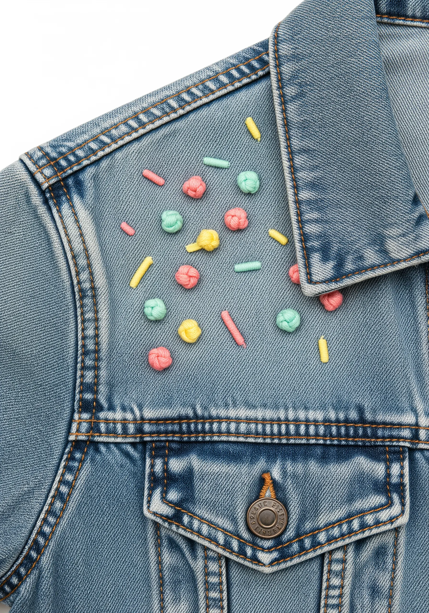 Colorful embroidered French knots and straight stitches scattered like sprinkles on a denim jacket.