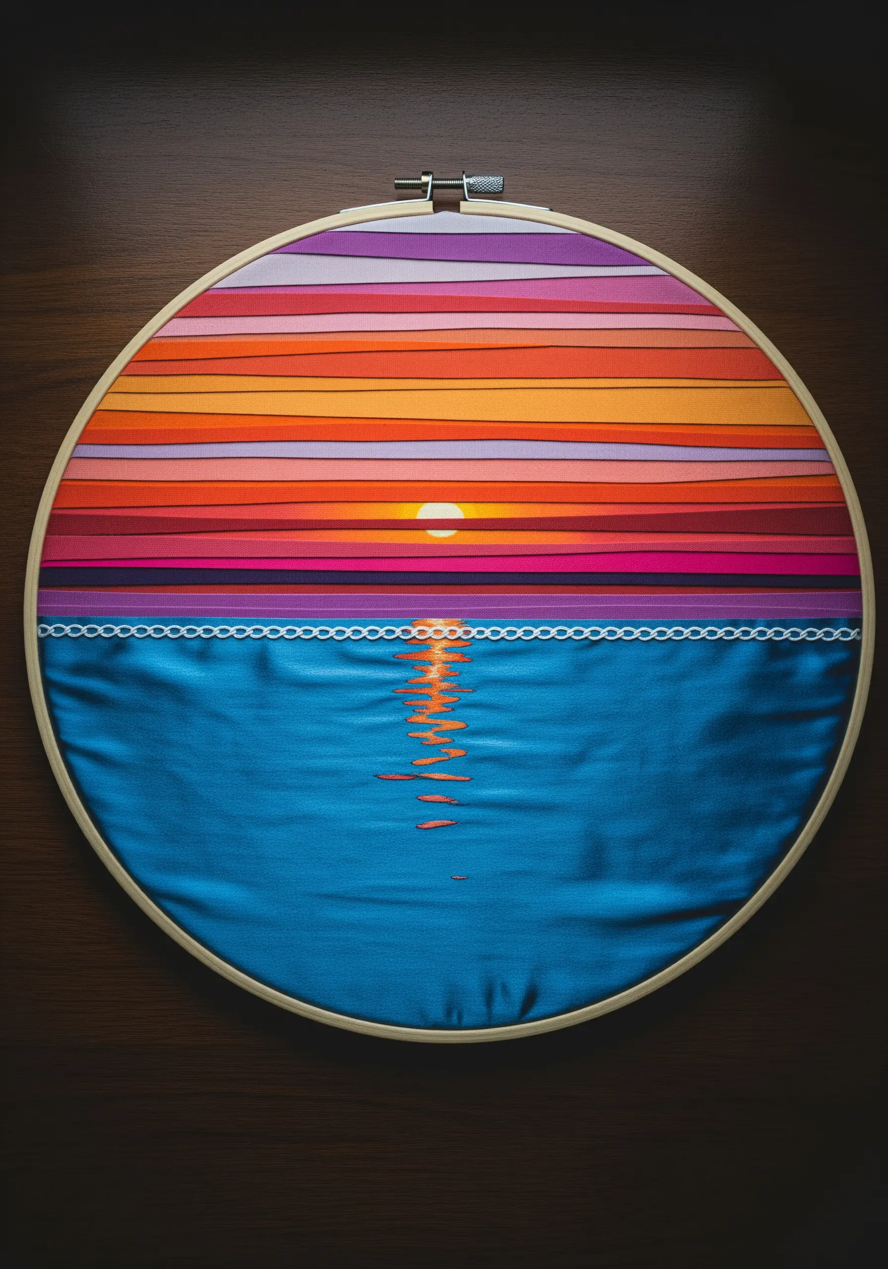 Fabric collage sunset with embroidered reflections on the water.