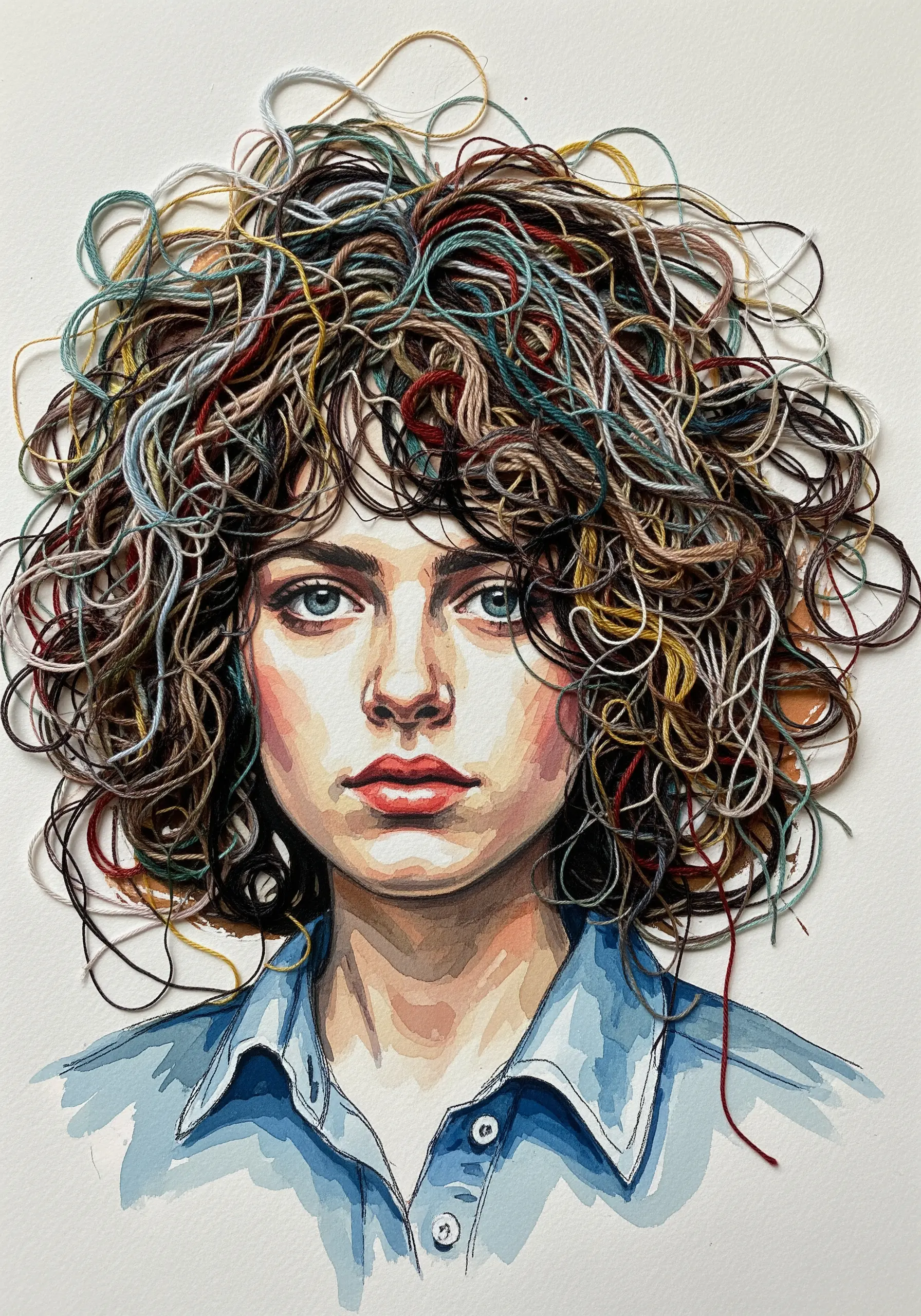 A watercolor portrait of a woman with a full head of curly hair made from thread.