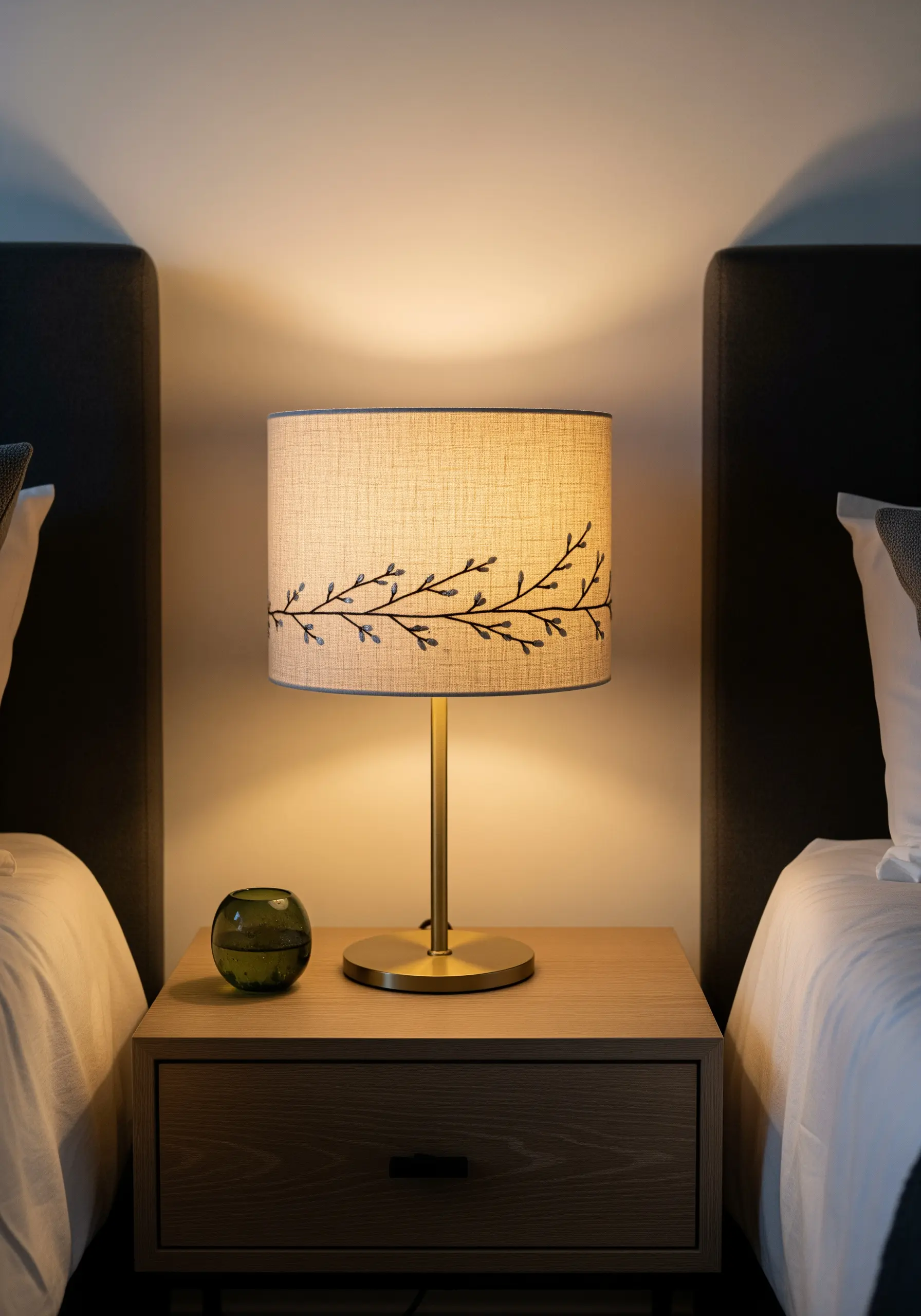 A delicate branch with leaves embroidered in a single line around a linen lampshade.