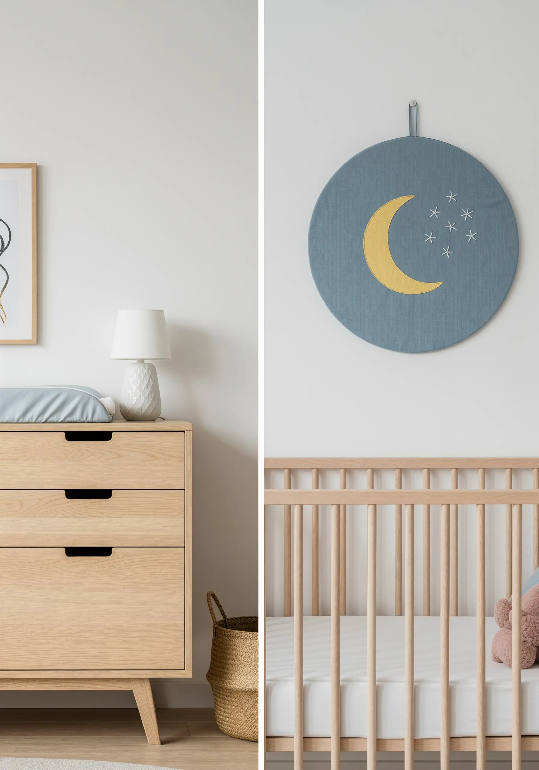 A yellow moon filled with seed stitch and tiny white stars on a blue wall hanging.