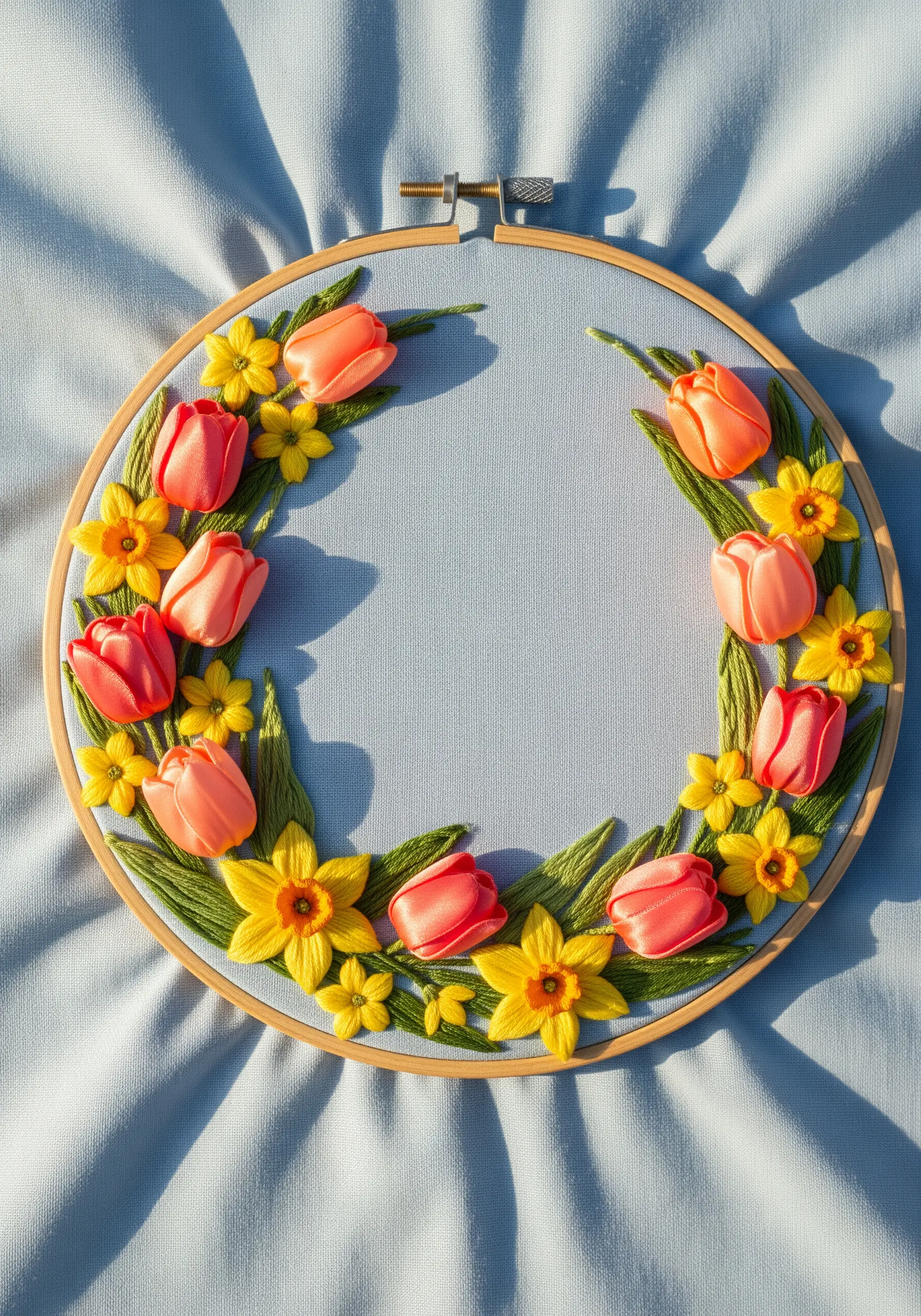 Embroidery hoop with pink ribbon tulips and yellow thread daffodils on blue fabric.