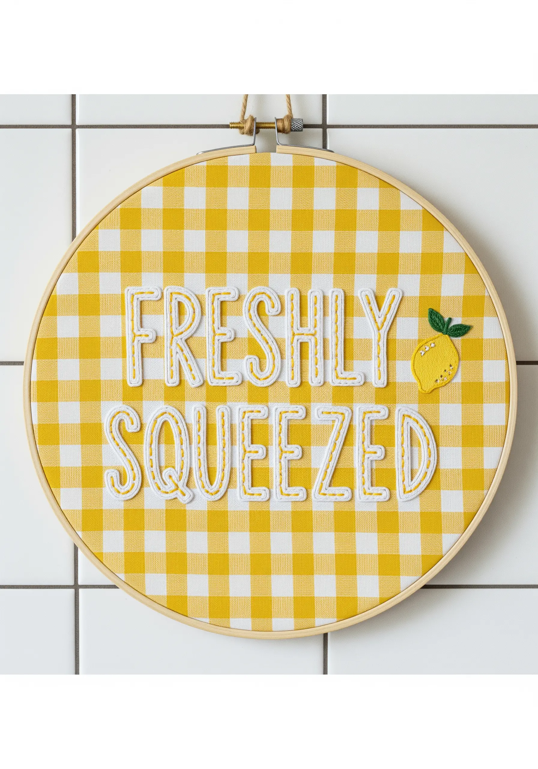 White appliqué letters with a stitched border on yellow gingham fabric in a hoop.