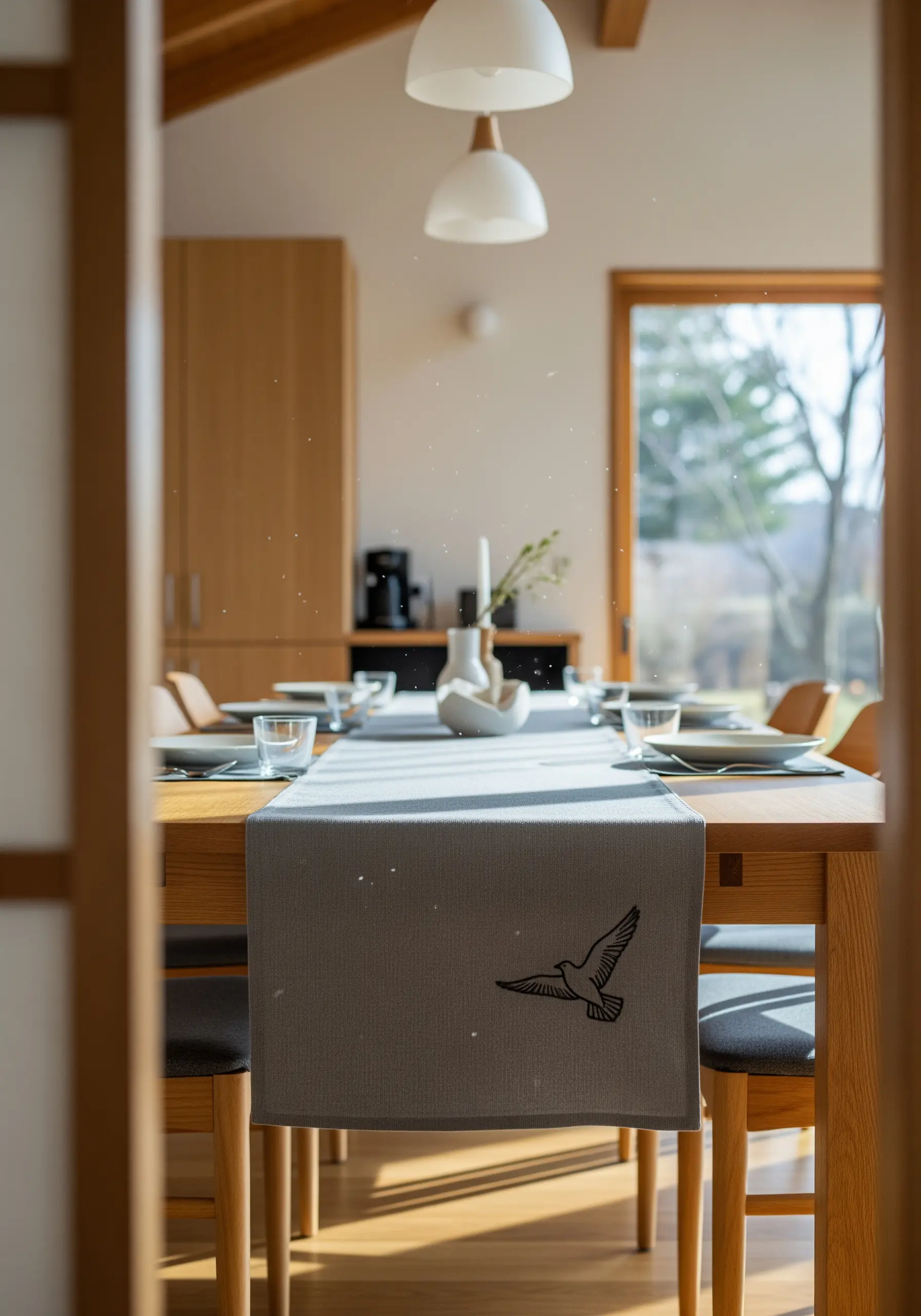A flying bird embroidered in a clean black outline on a gray table runner