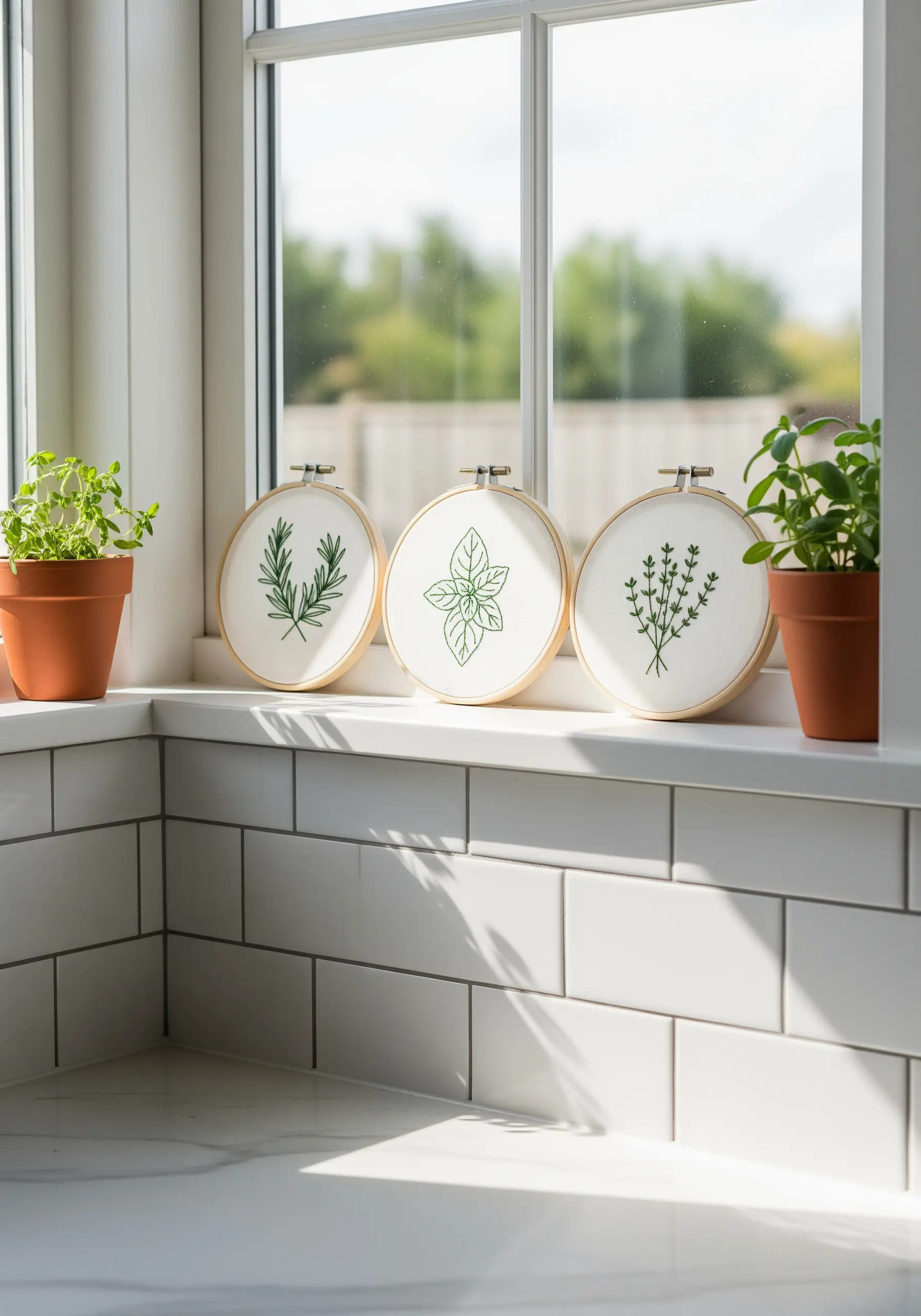 Three minimal embroidery hoops with single-color line art of herbs on a white background.