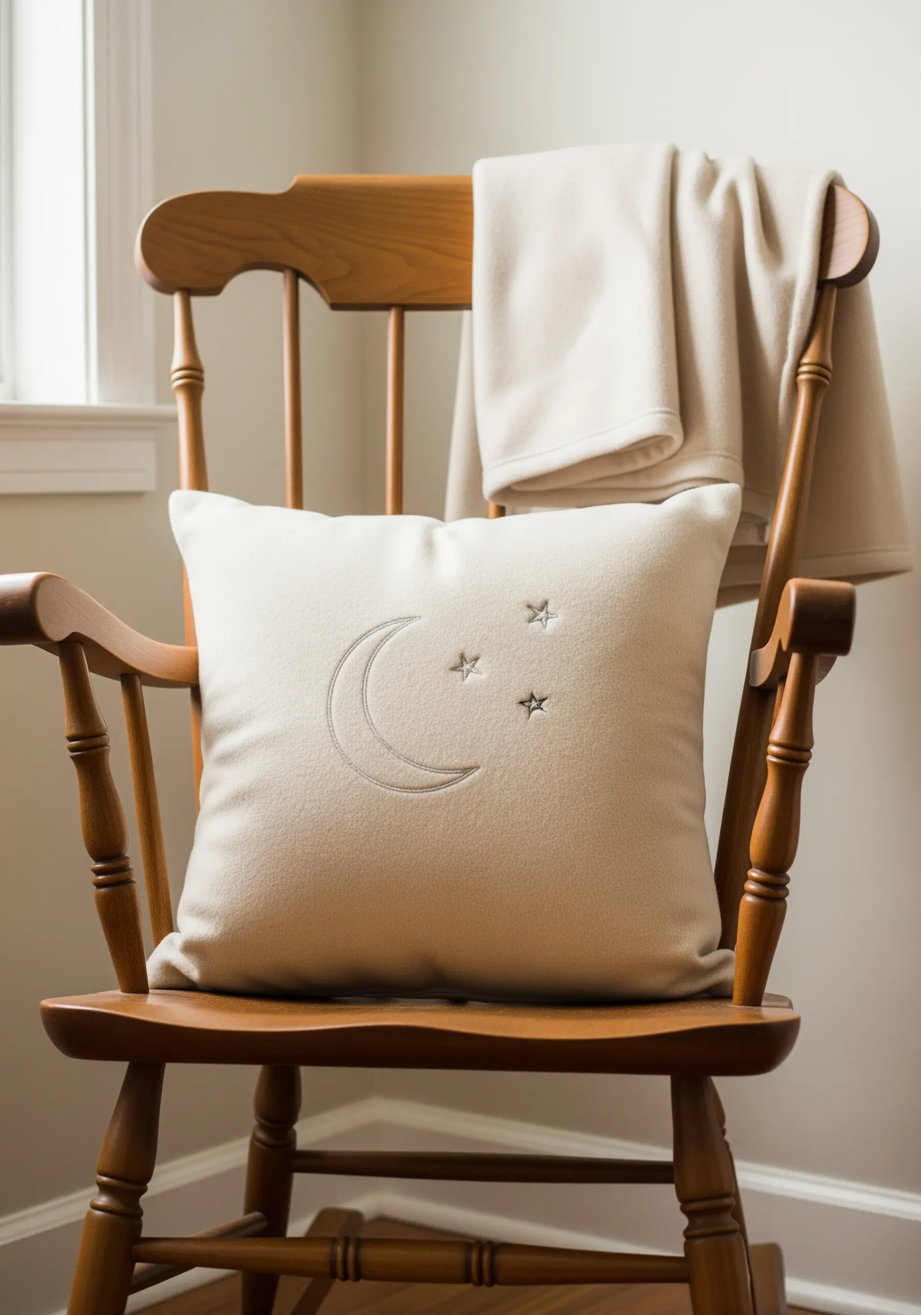 A clean, split-stitched crescent moon and stars on a cream pillow.