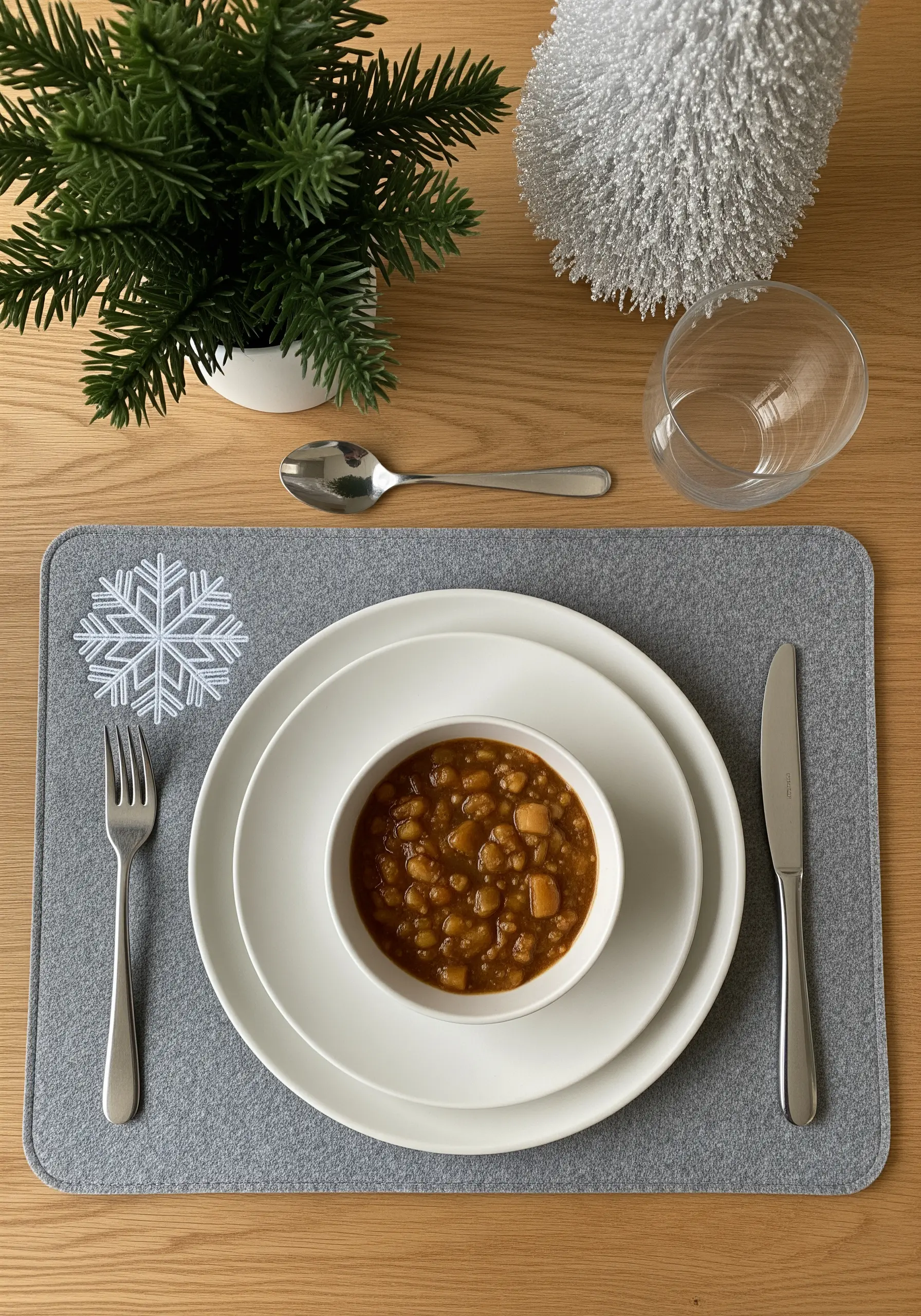 A white felt appliqué snowflake with simple embroidered details on a grey placemat.