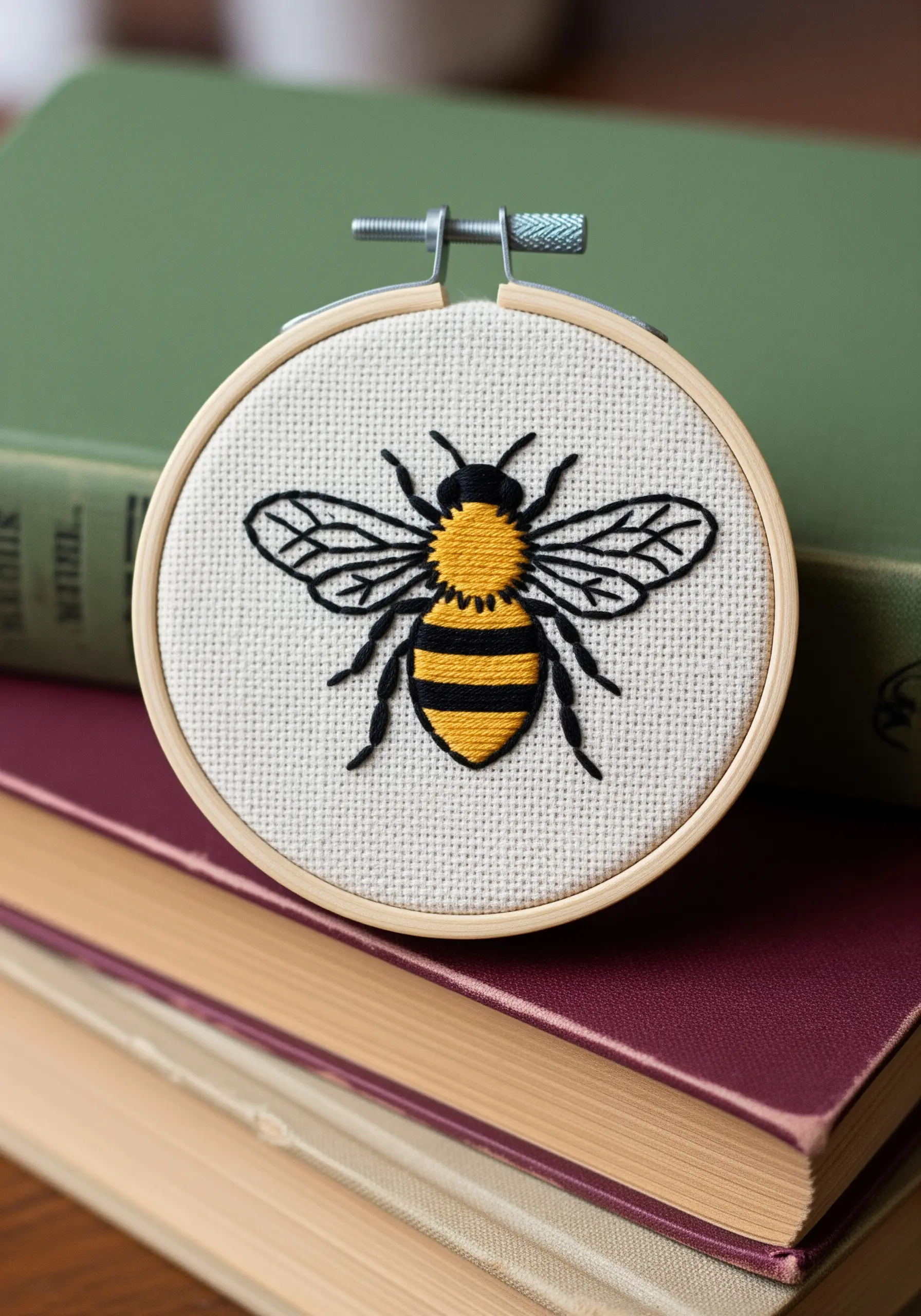 A detailed bee embroidery with satin stitch body and backstitch wings.