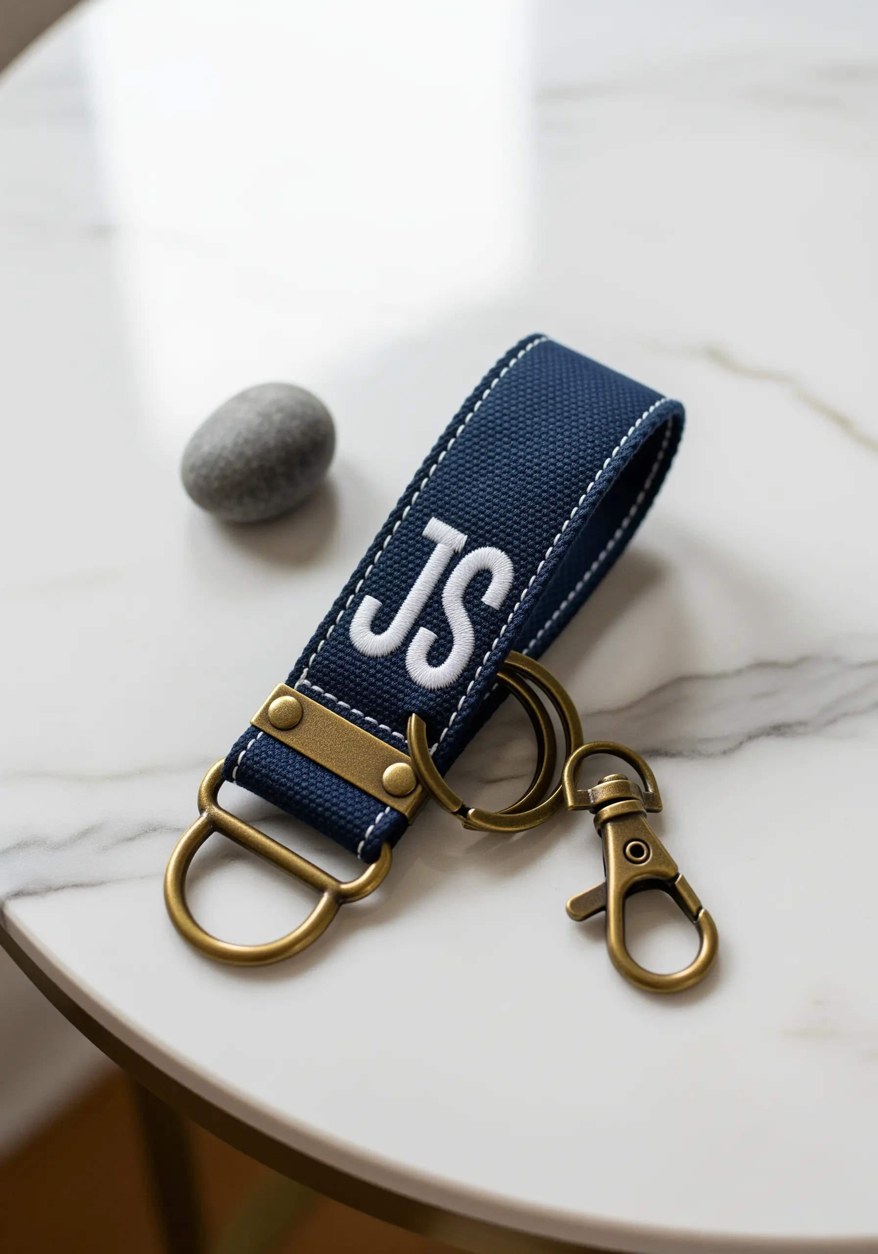 A navy blue fabric keychain with the initials 'JS' embroidered in white thread.