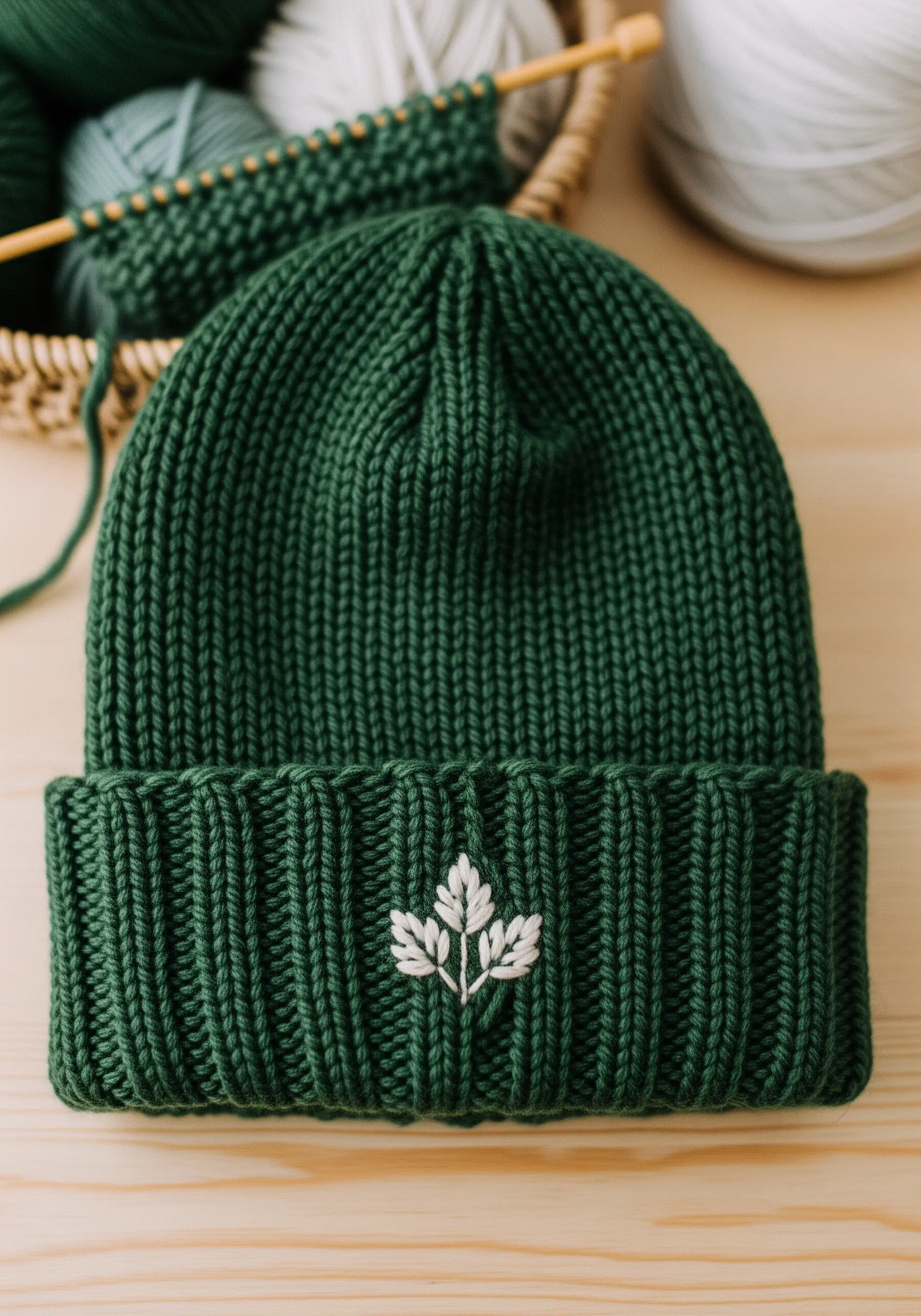 A small, white embroidered leaf motif on the cuff of a dark green knitted beanie.