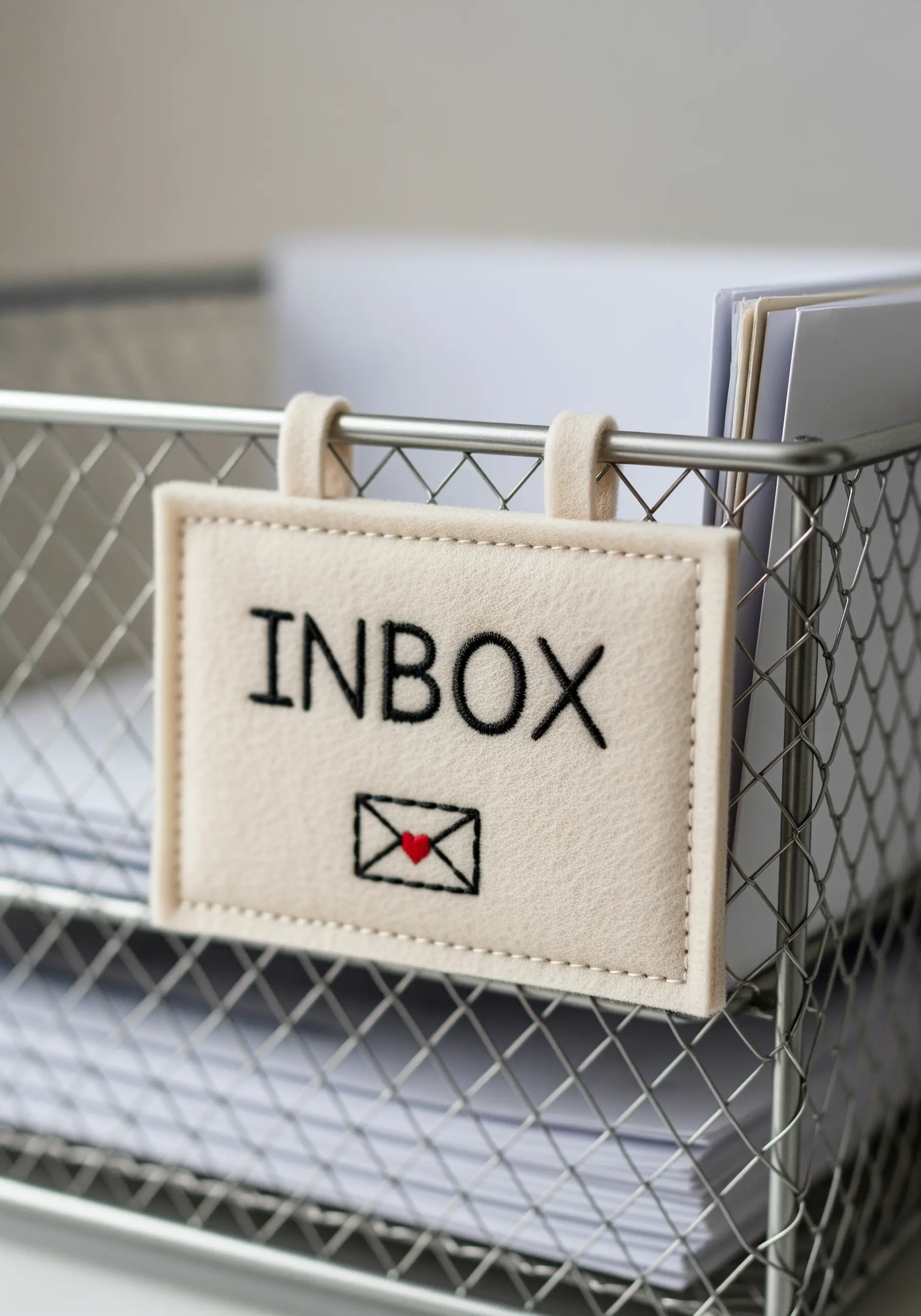 A small felt label with the word 'INBOX' embroidered in black, hanging from a wire basket