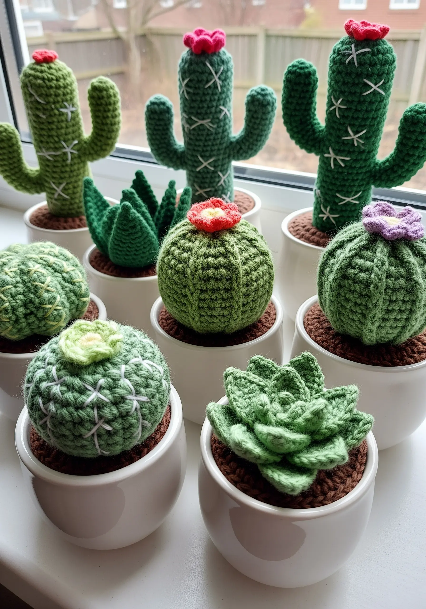A collection of various crocheted cacti and succulents, each potted in a small white ceramic container.